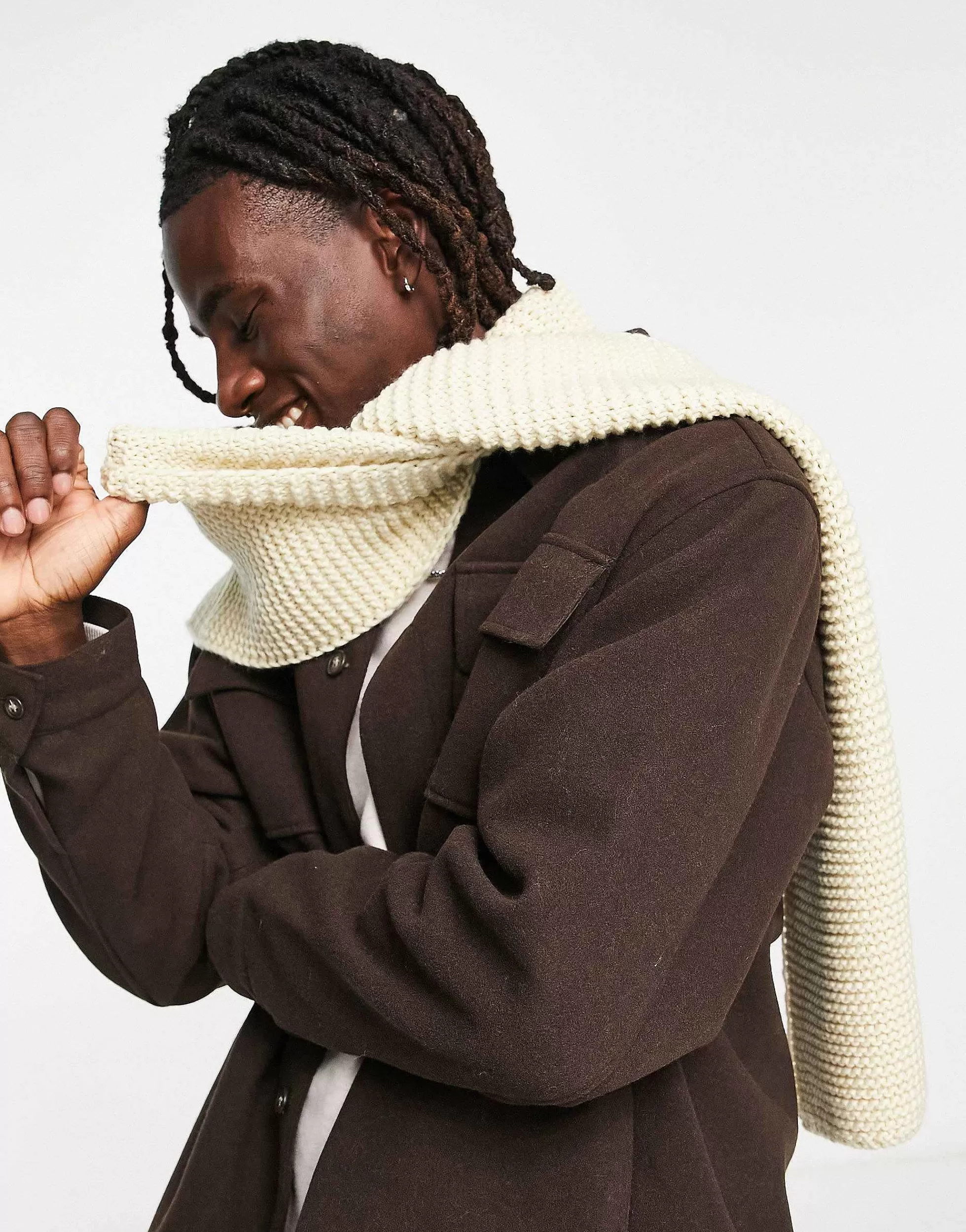 Men DESIGN Scarf With Chunky Knit In Ecru