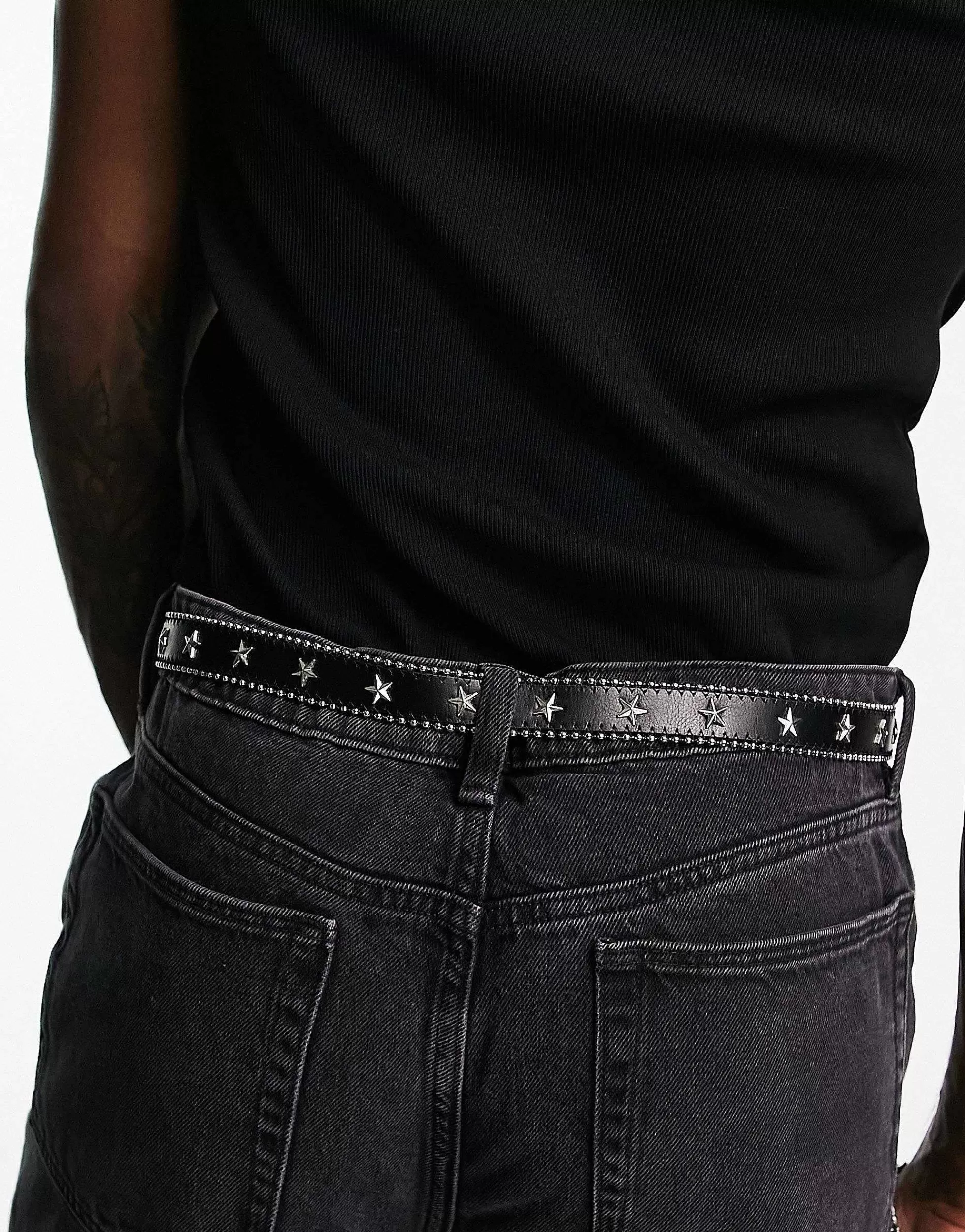 Men DESIGN Skinny Faux Leather Belt With Star Studs In