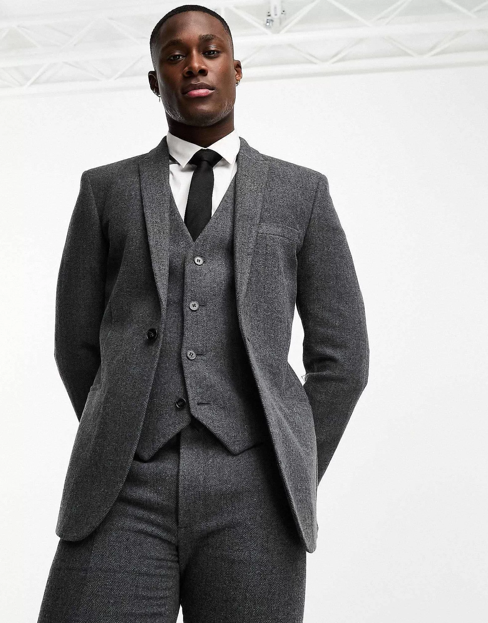Men DESIGN Skinny Wool Mix Suit In Herringbone In Charcoal