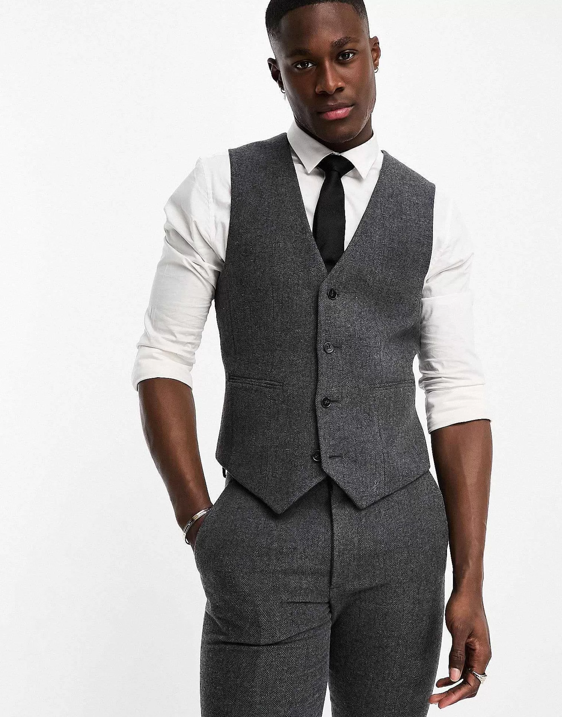 Men DESIGN Skinny Wool Mix Suit In Herringbone In Charcoal