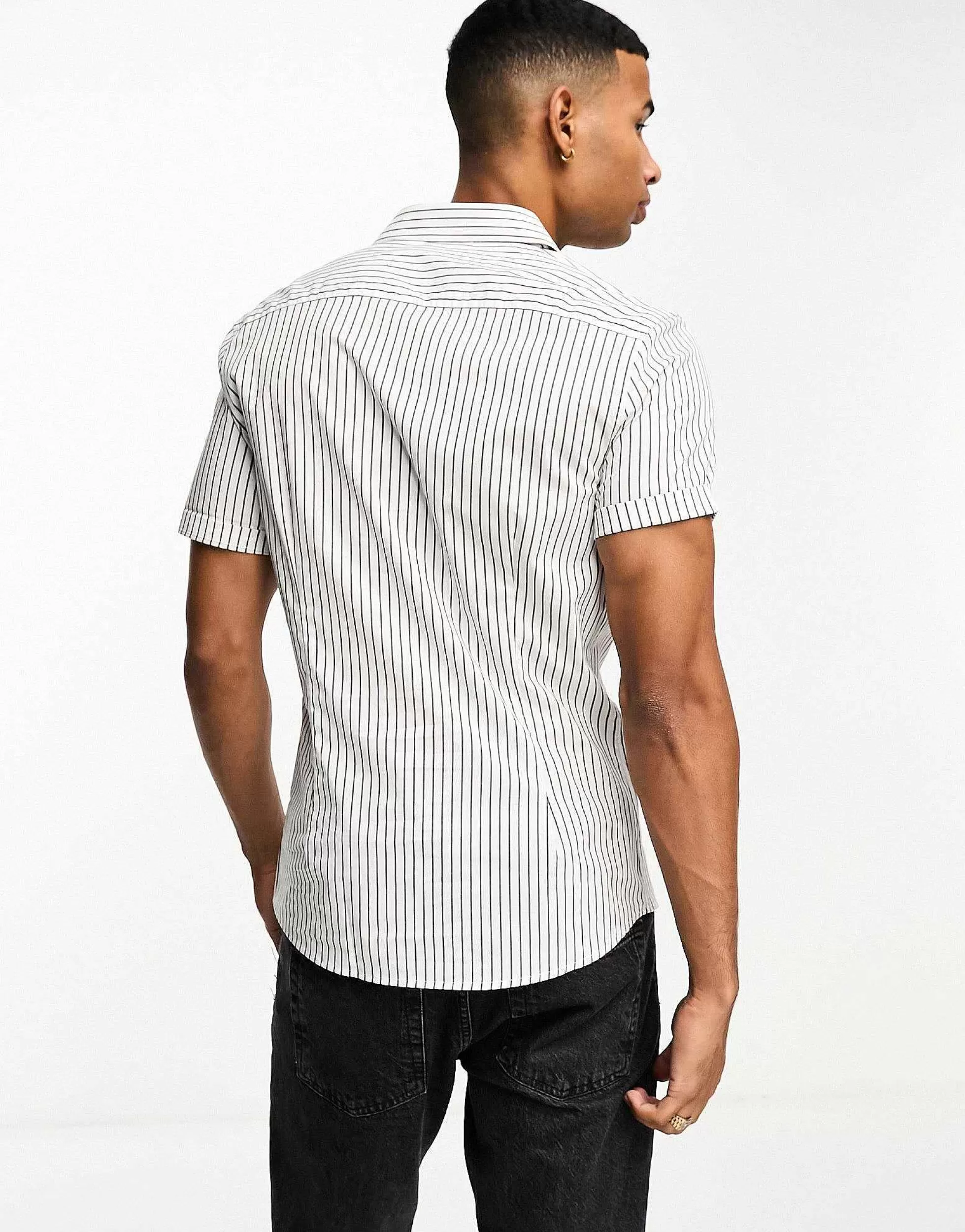 Men DESIGN Slim Fit Short Sleeve Stripe Shirt In Black