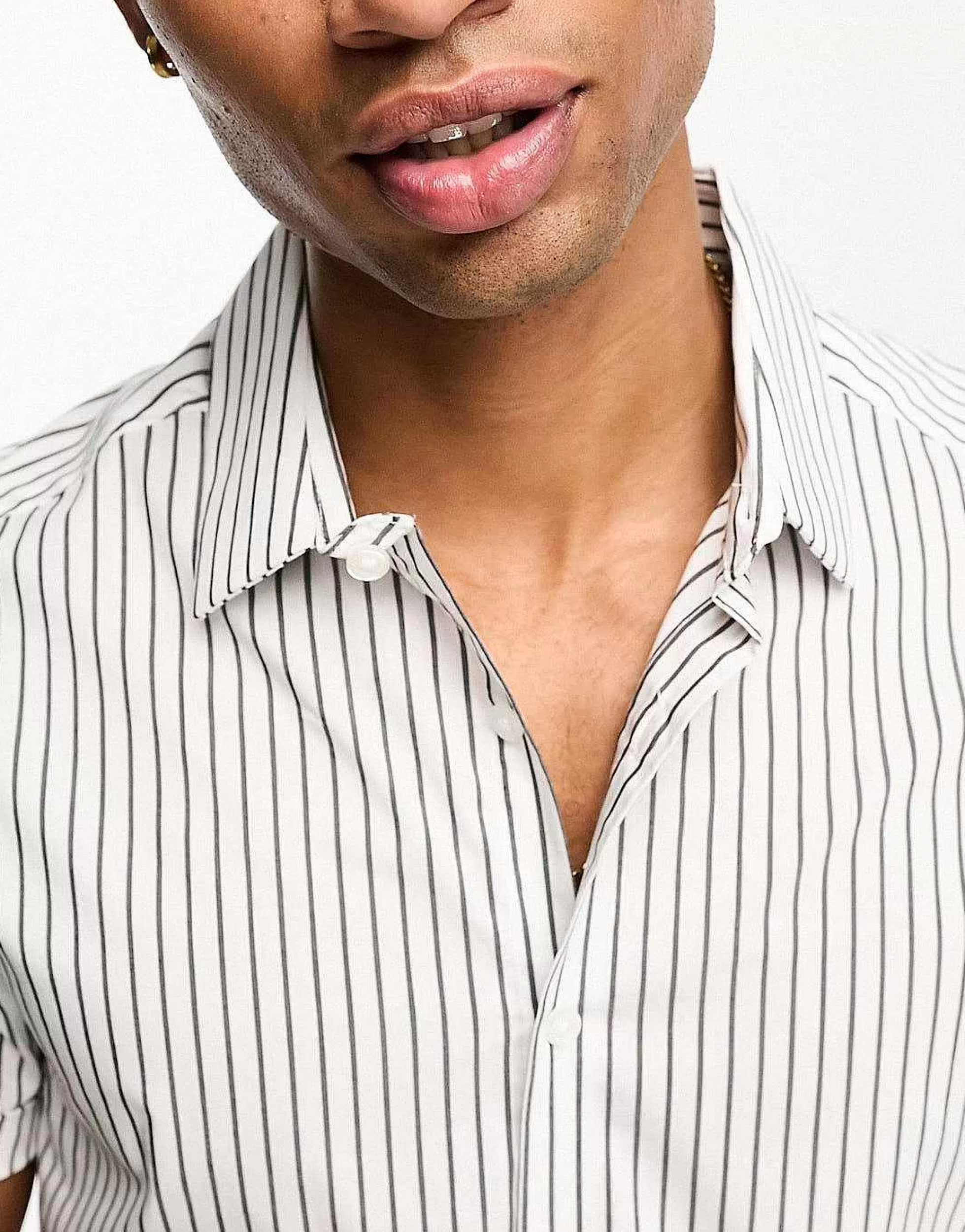 Men DESIGN Slim Fit Short Sleeve Stripe Shirt In Black