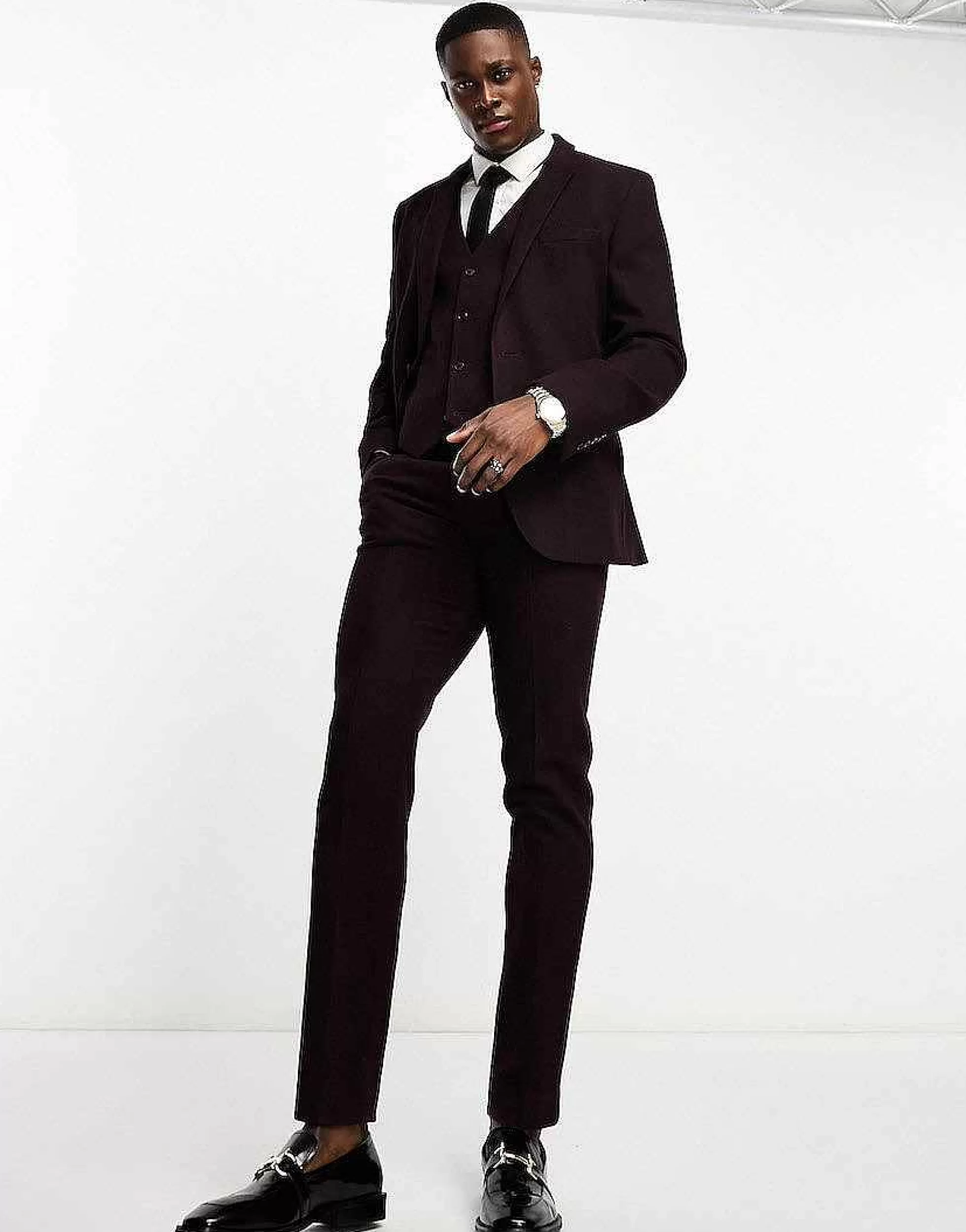 Men DESIGN Slim Wool Mix Suit In Herringbone In Burgundy