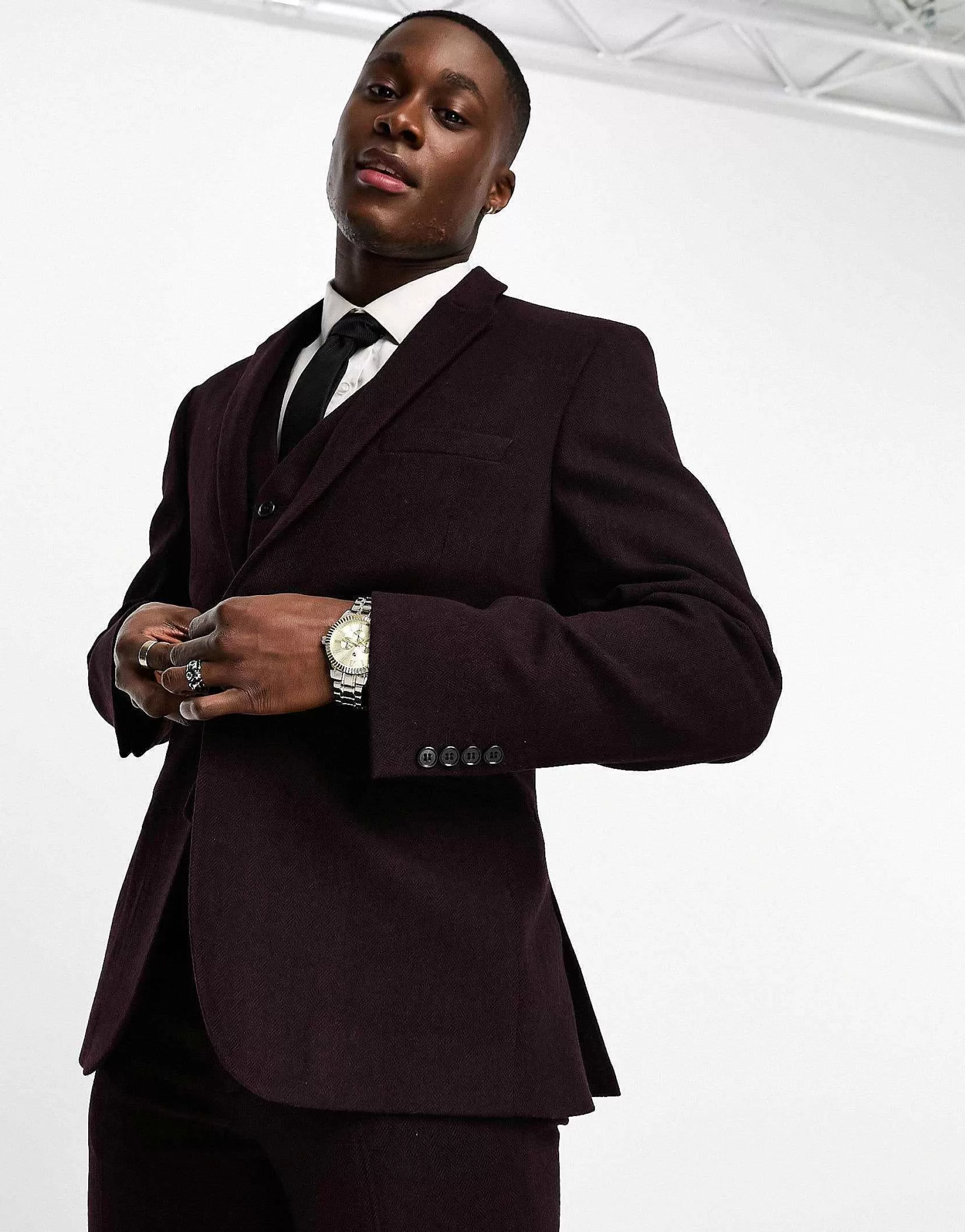 Men DESIGN Slim Wool Mix Suit In Herringbone In Burgundy