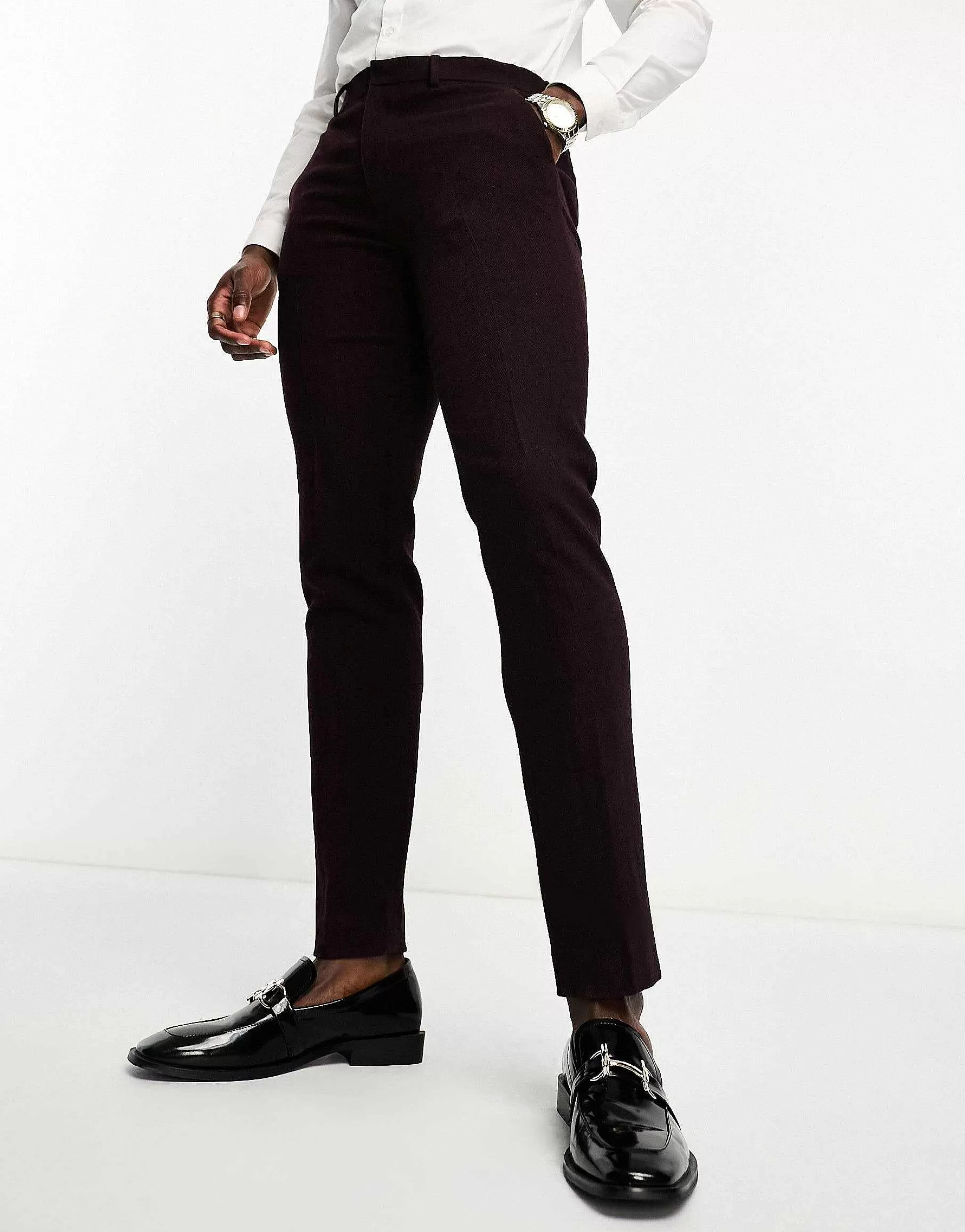 Men DESIGN Slim Wool Mix Suit In Herringbone In Burgundy