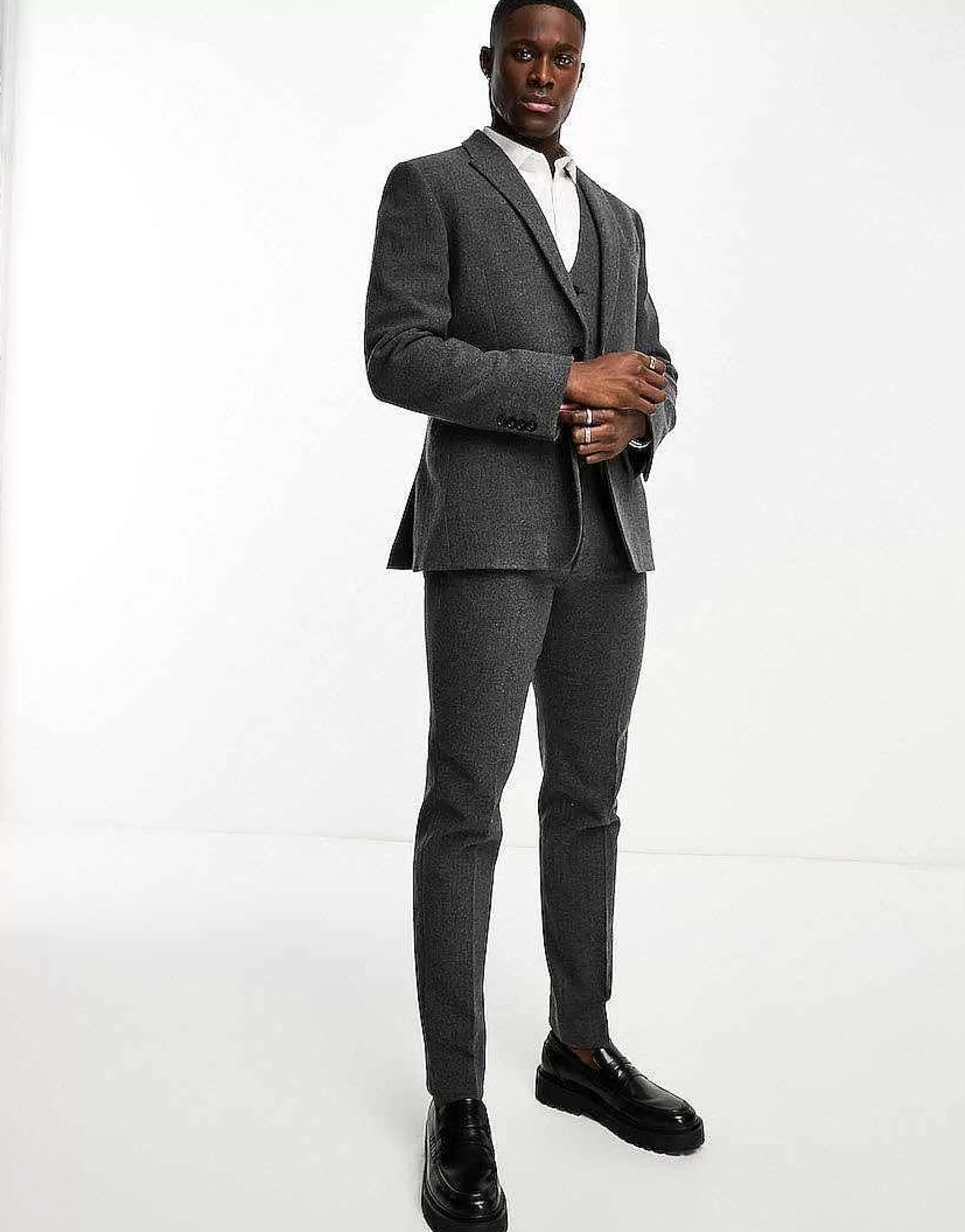 Men DESIGN Slim Wool Mix Suit In Herringbone In Charcoal
