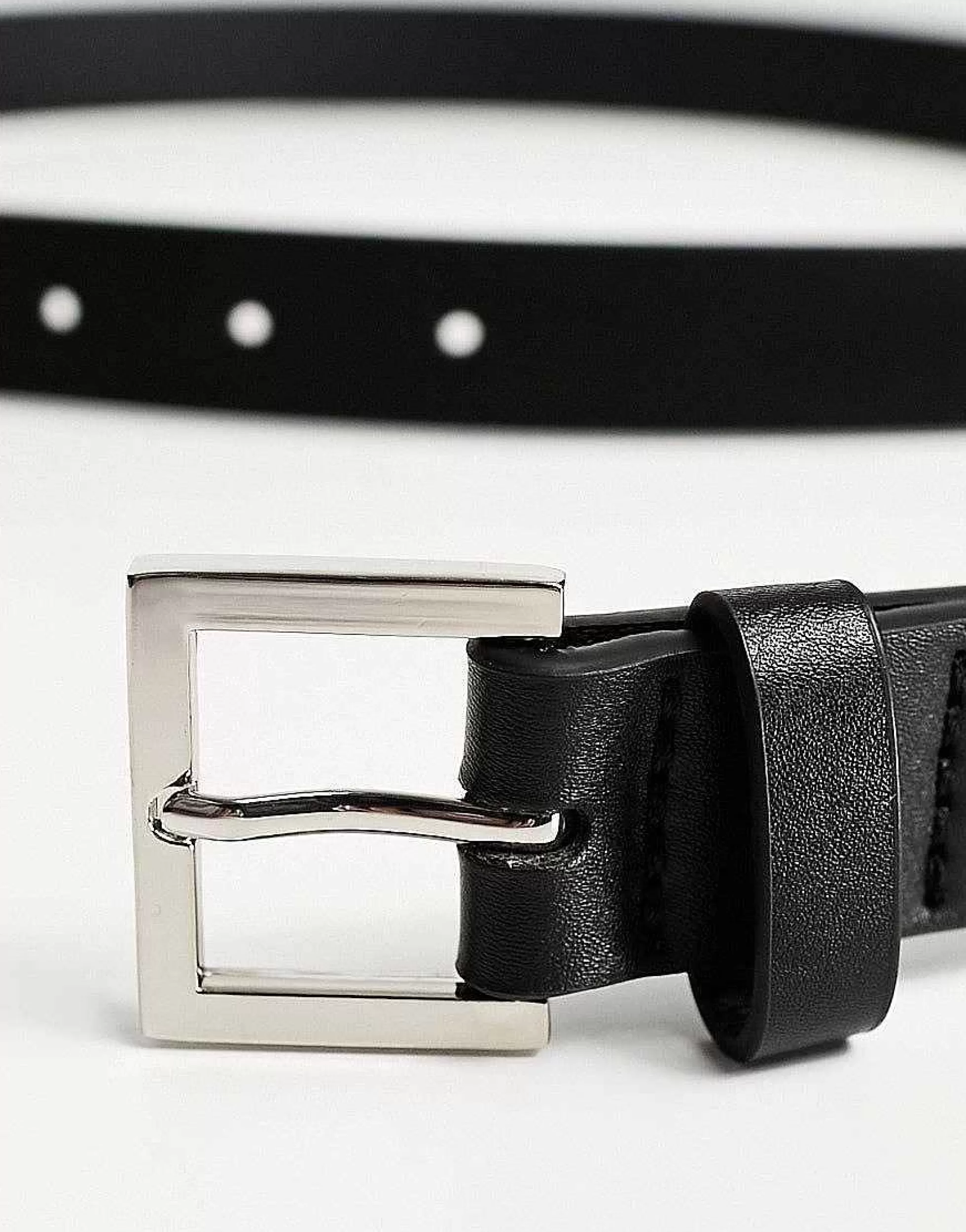 Men DESIGN Smart Faux Leather Skinny Belt With Silver Buckle In