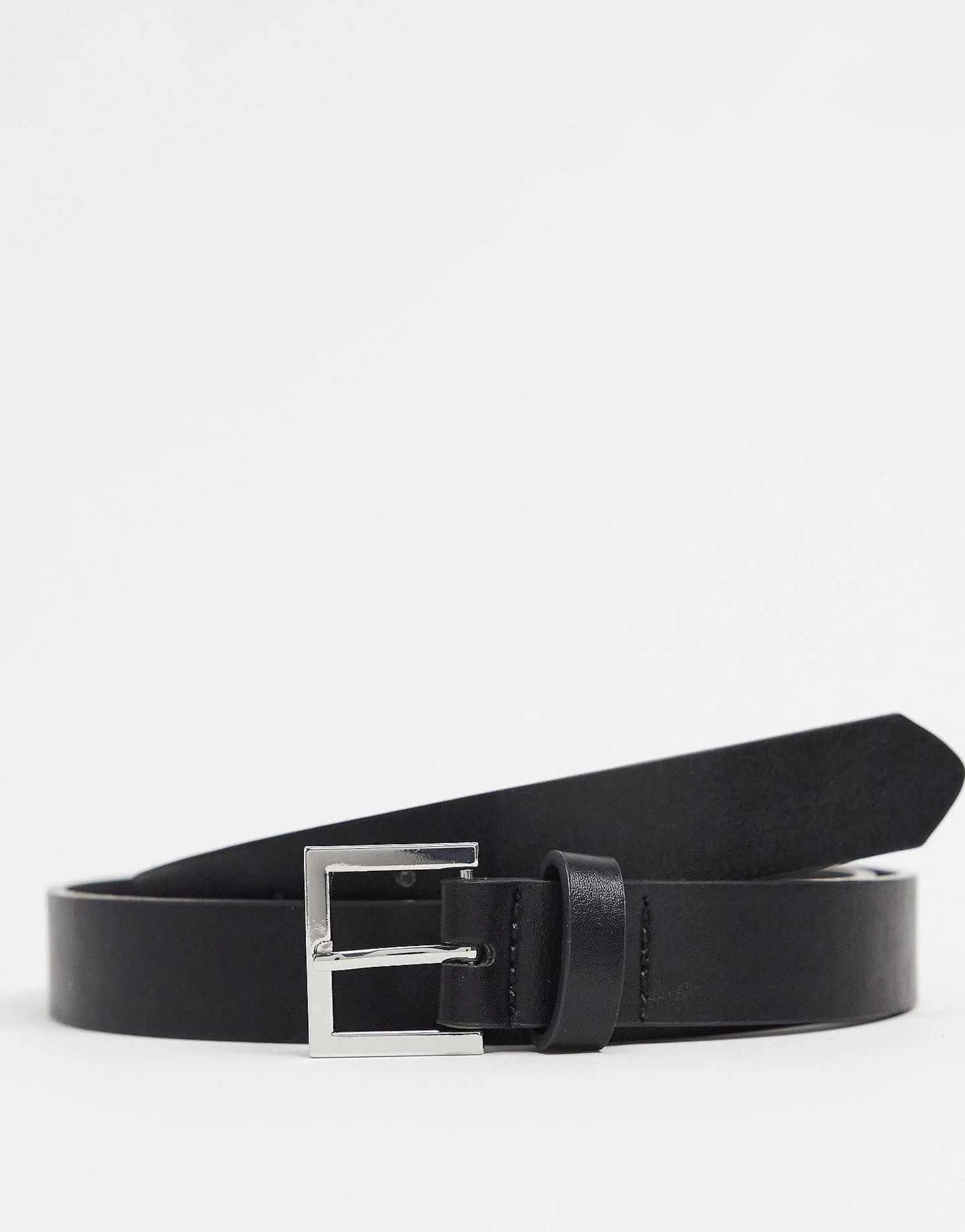 Men DESIGN Smart Faux Leather Skinny Belt With Silver Buckle In