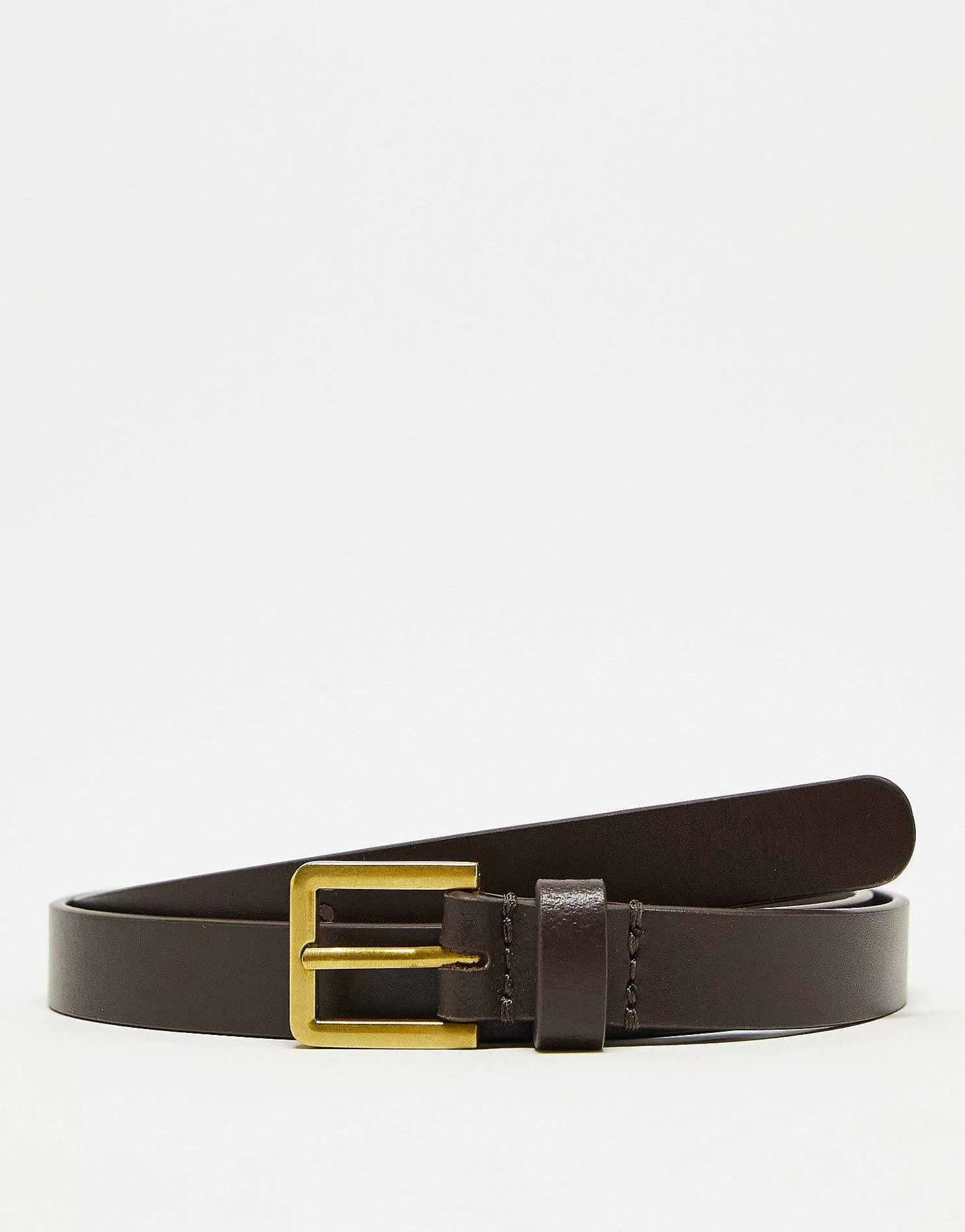 Men DESIGN Smart Leather Skinny Belt With Gold Buckle In
