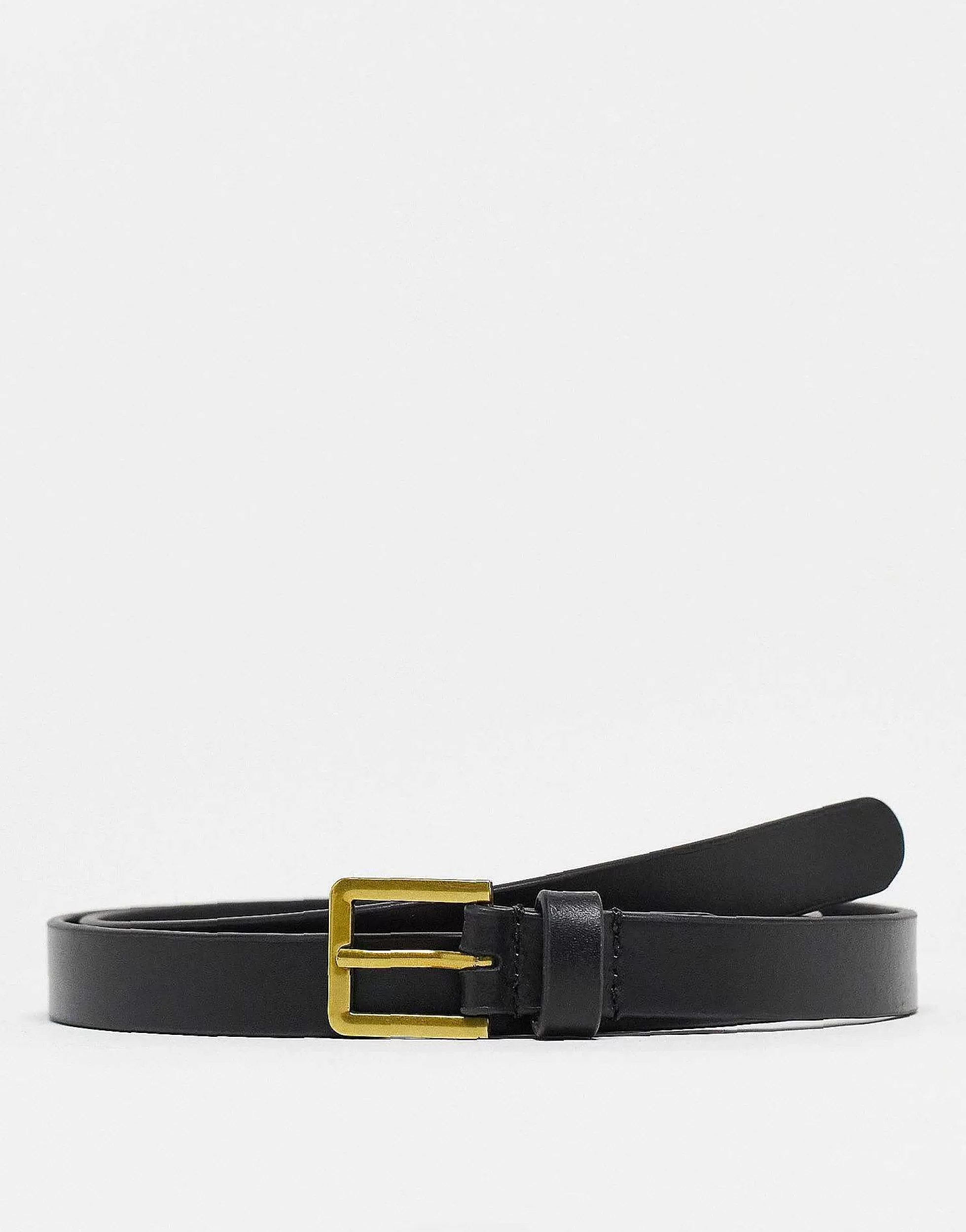 Men DESIGN Smart Leather Skinny Belt With Gold Buckle In