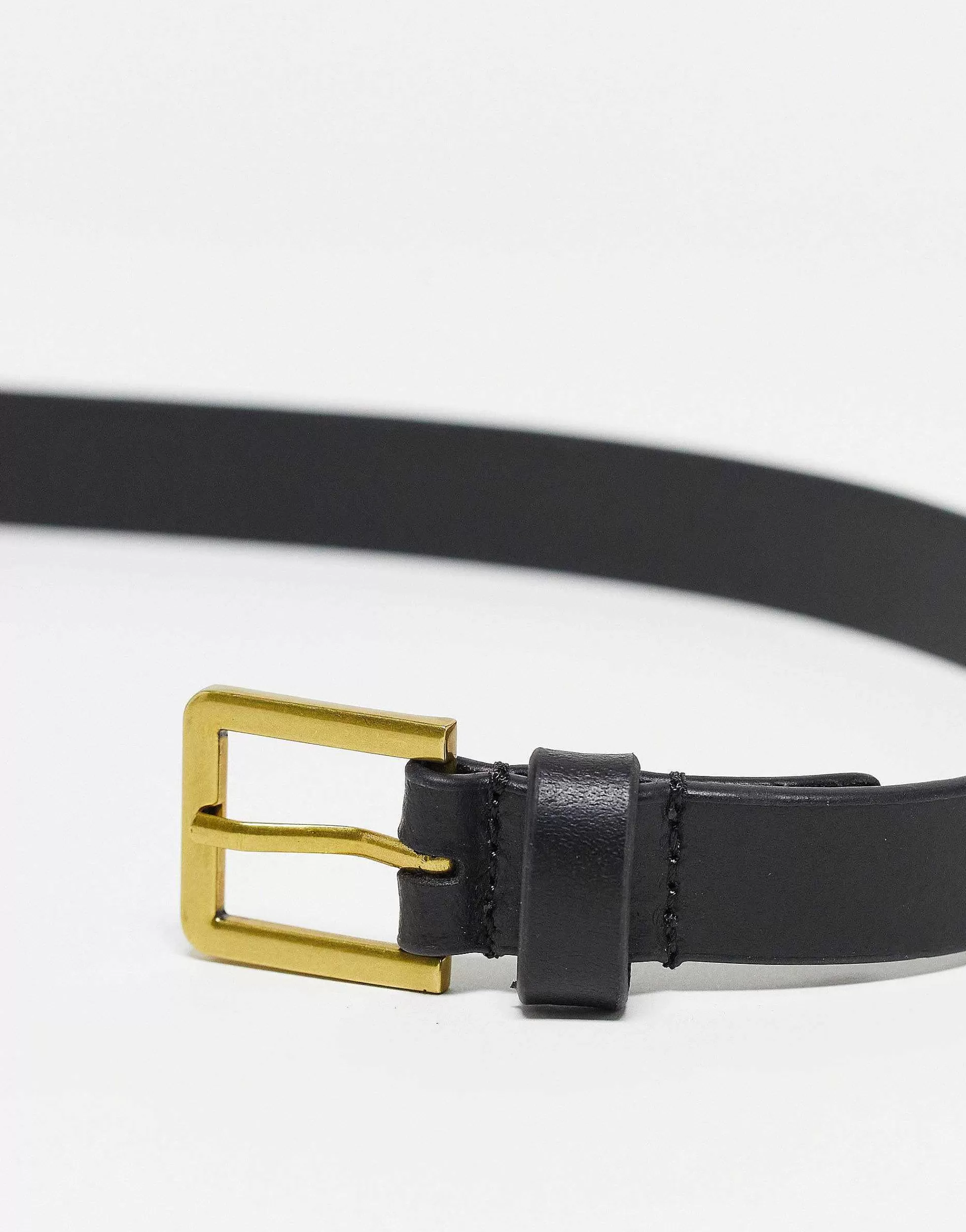 Men DESIGN Smart Leather Skinny Belt With Gold Buckle In