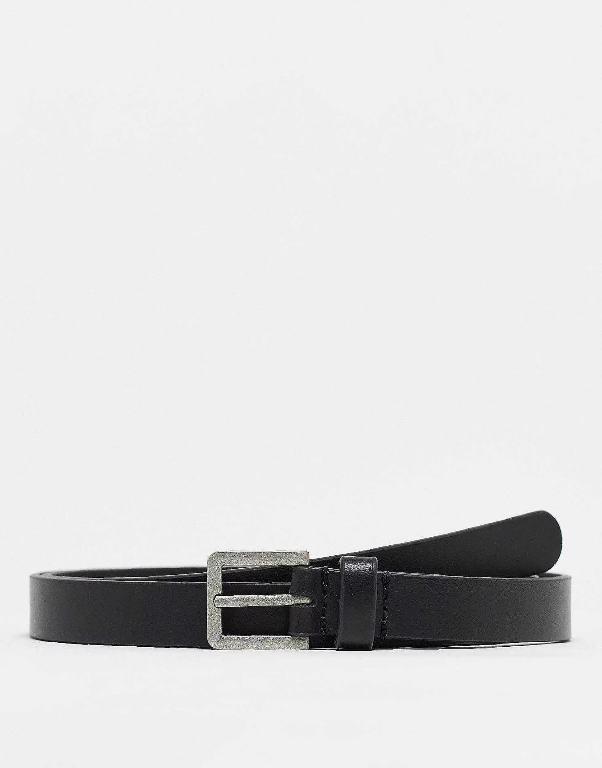 Men DESIGN Smart Leather Skinny Belt With Silver Buckle In