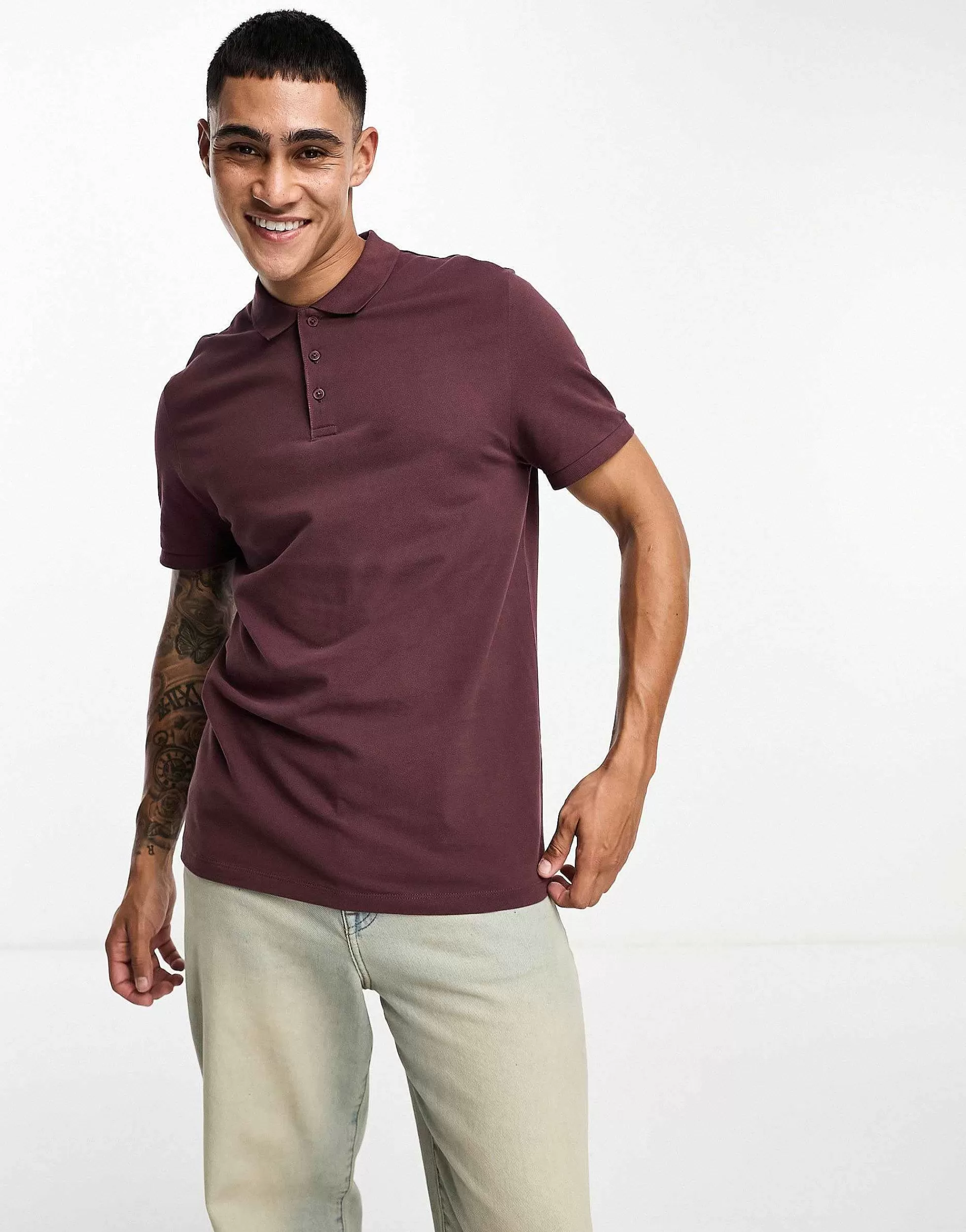 Men DESIGN Smart Pique Polo Shirt In Burgundy