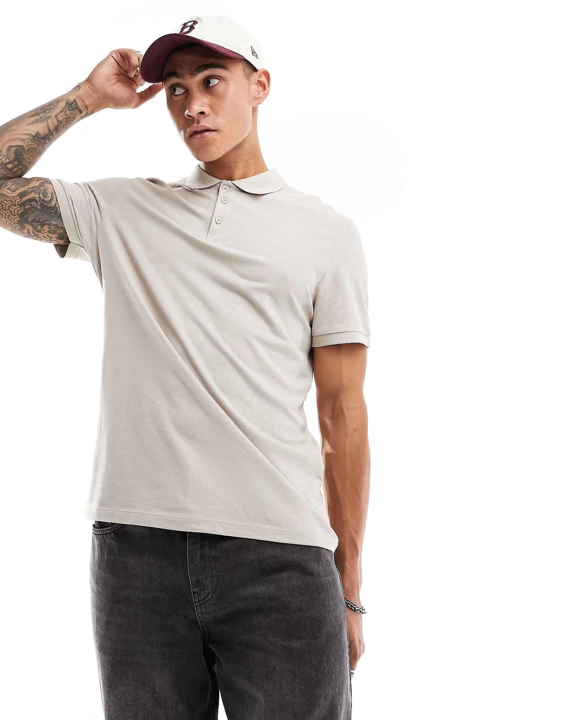Men DESIGN Smart Pique Polo Shirt In Taupe