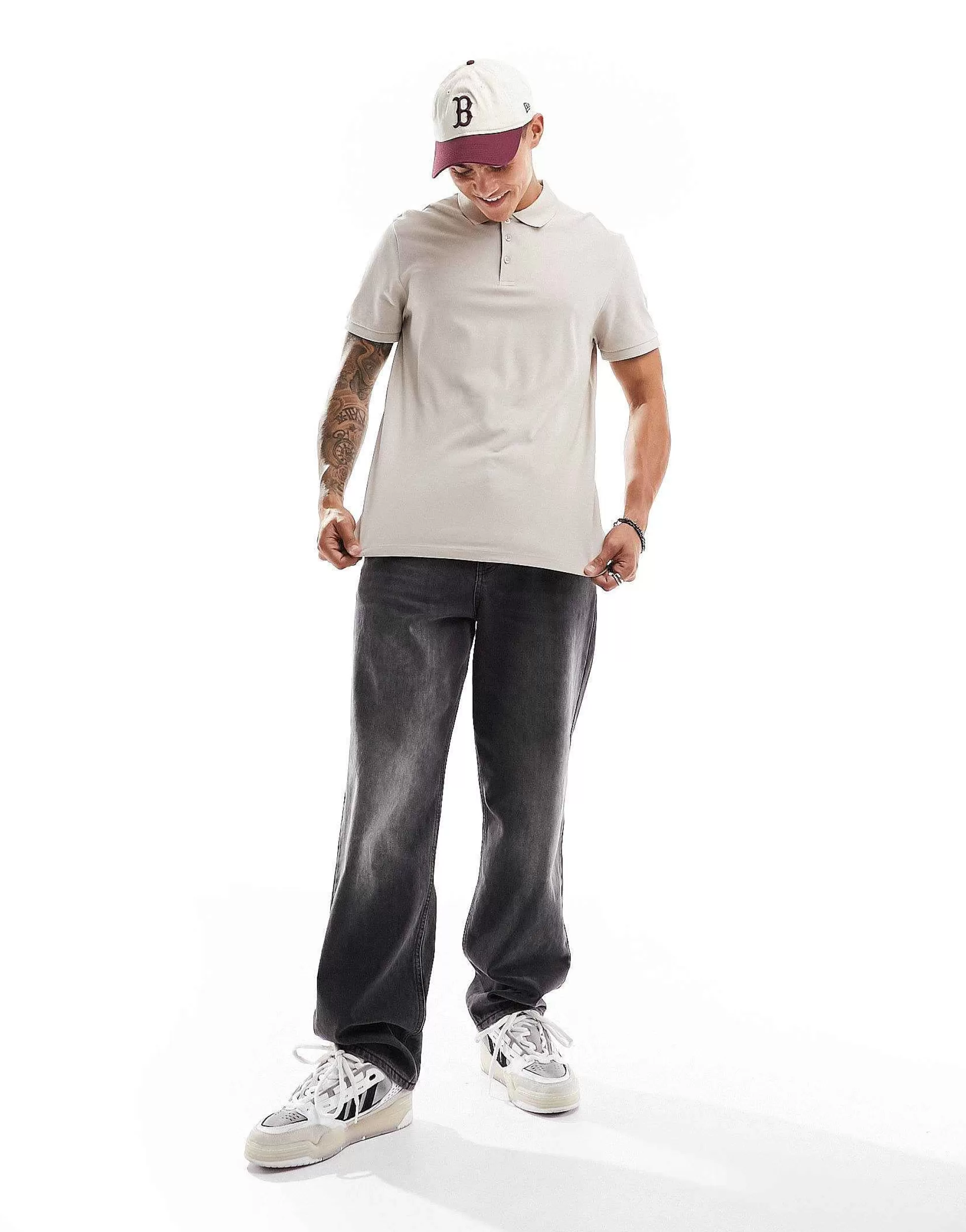 Men DESIGN Smart Pique Polo Shirt In Taupe