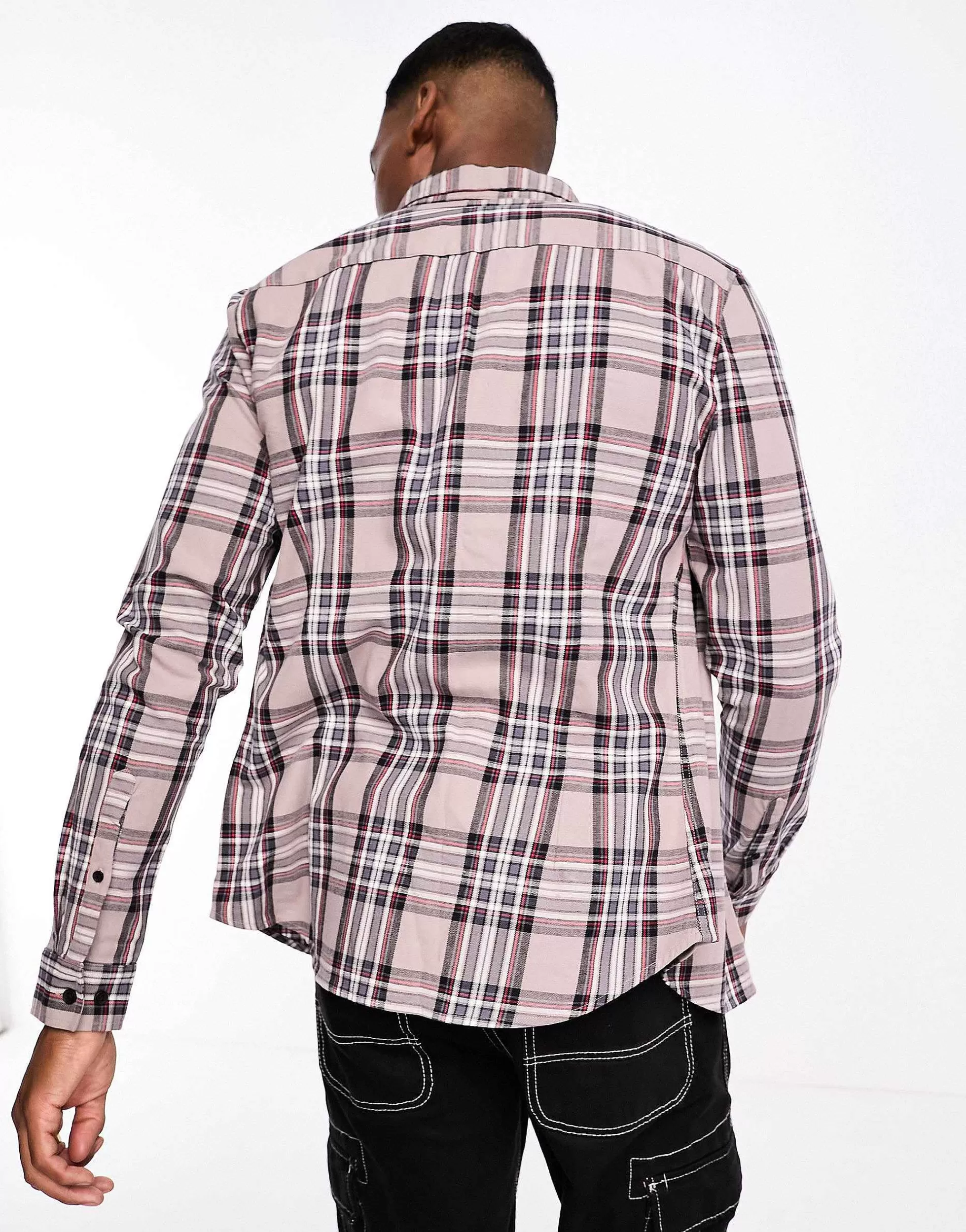 Men DESIGN Stretch Slim Check Shirt In Stone And Black