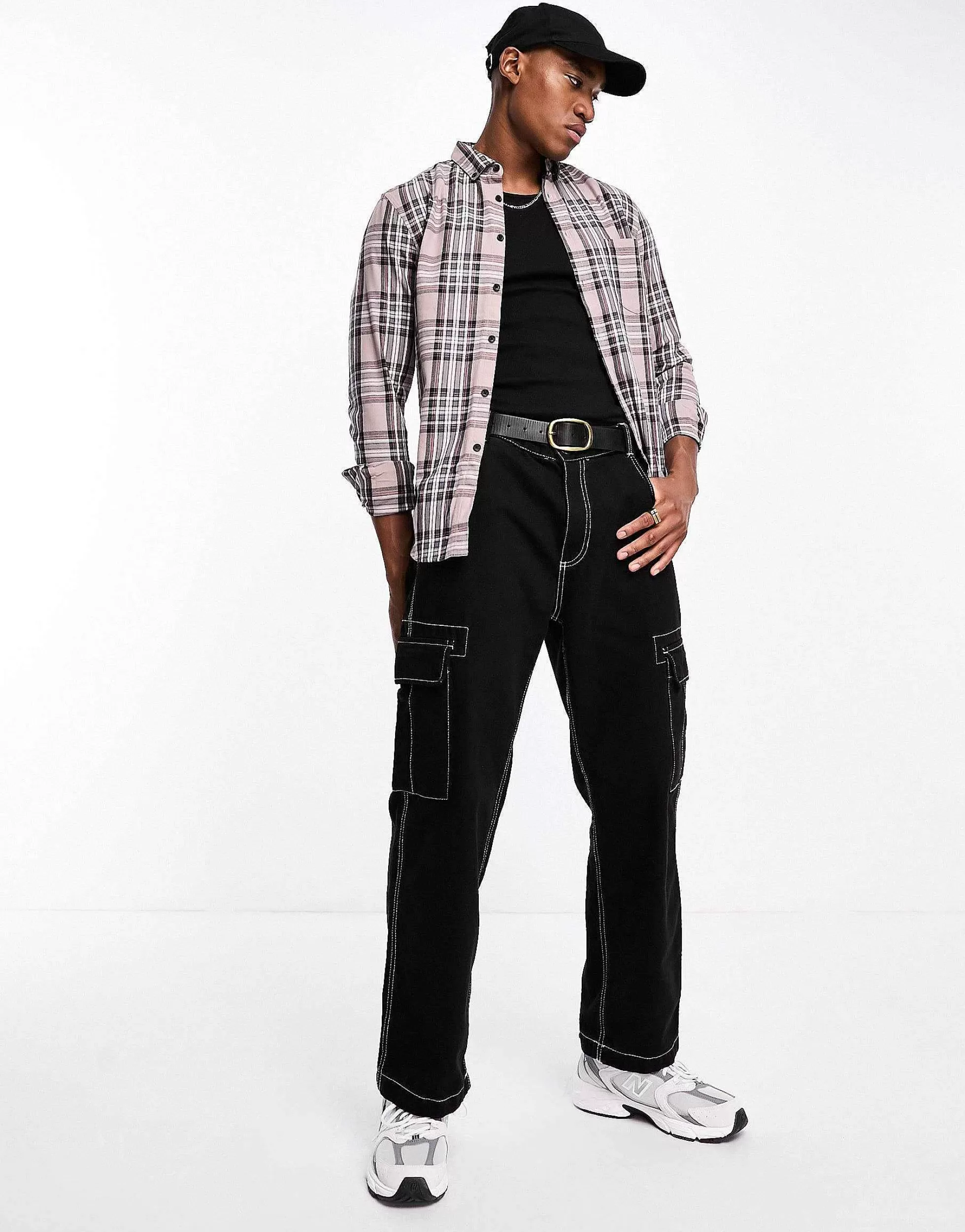 Men DESIGN Stretch Slim Check Shirt In Stone And Black