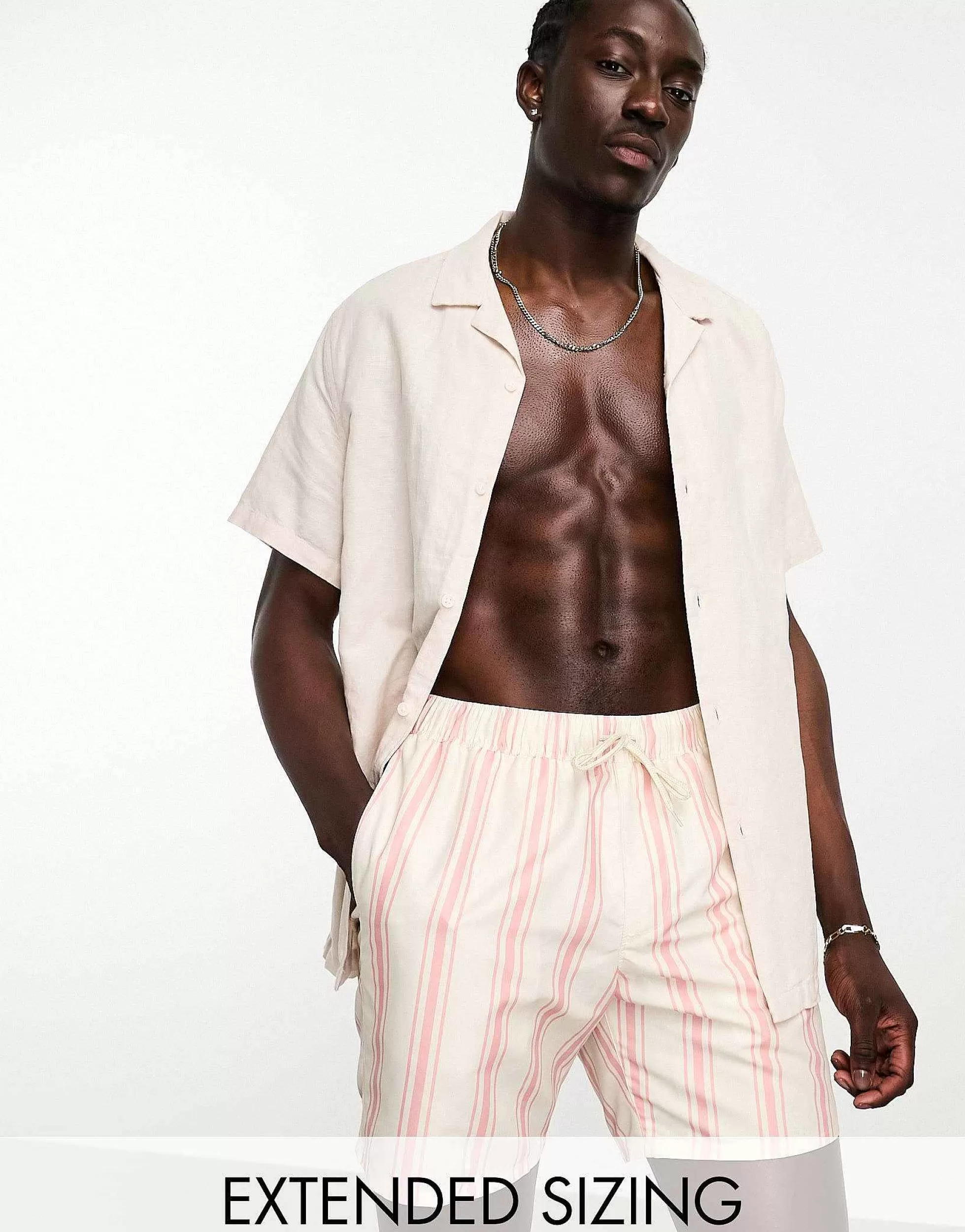 Men DESIGN Swim Shorts In Mid Length In Pink Stripe