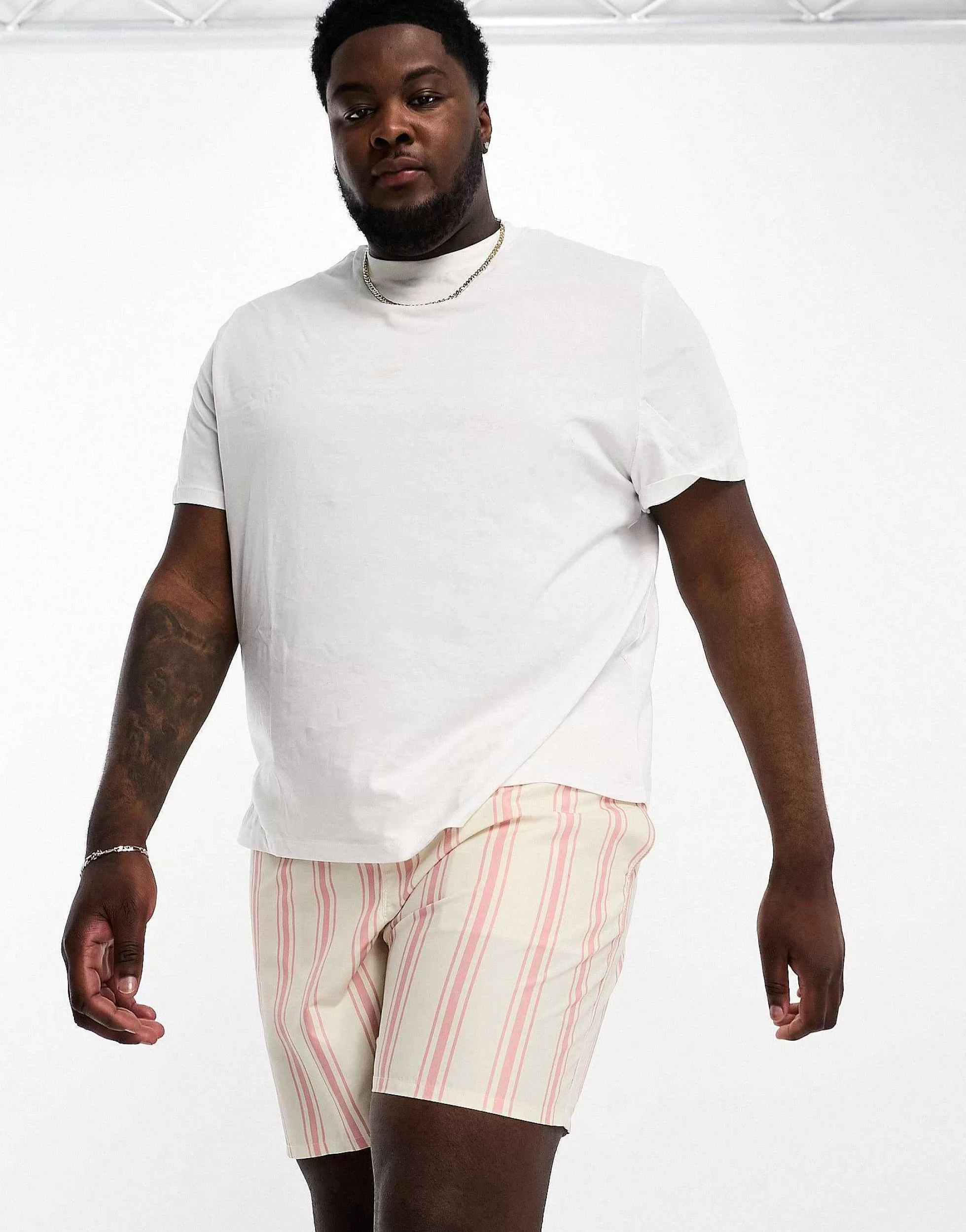 Men DESIGN Swim Shorts In Mid Length In Pink Stripe