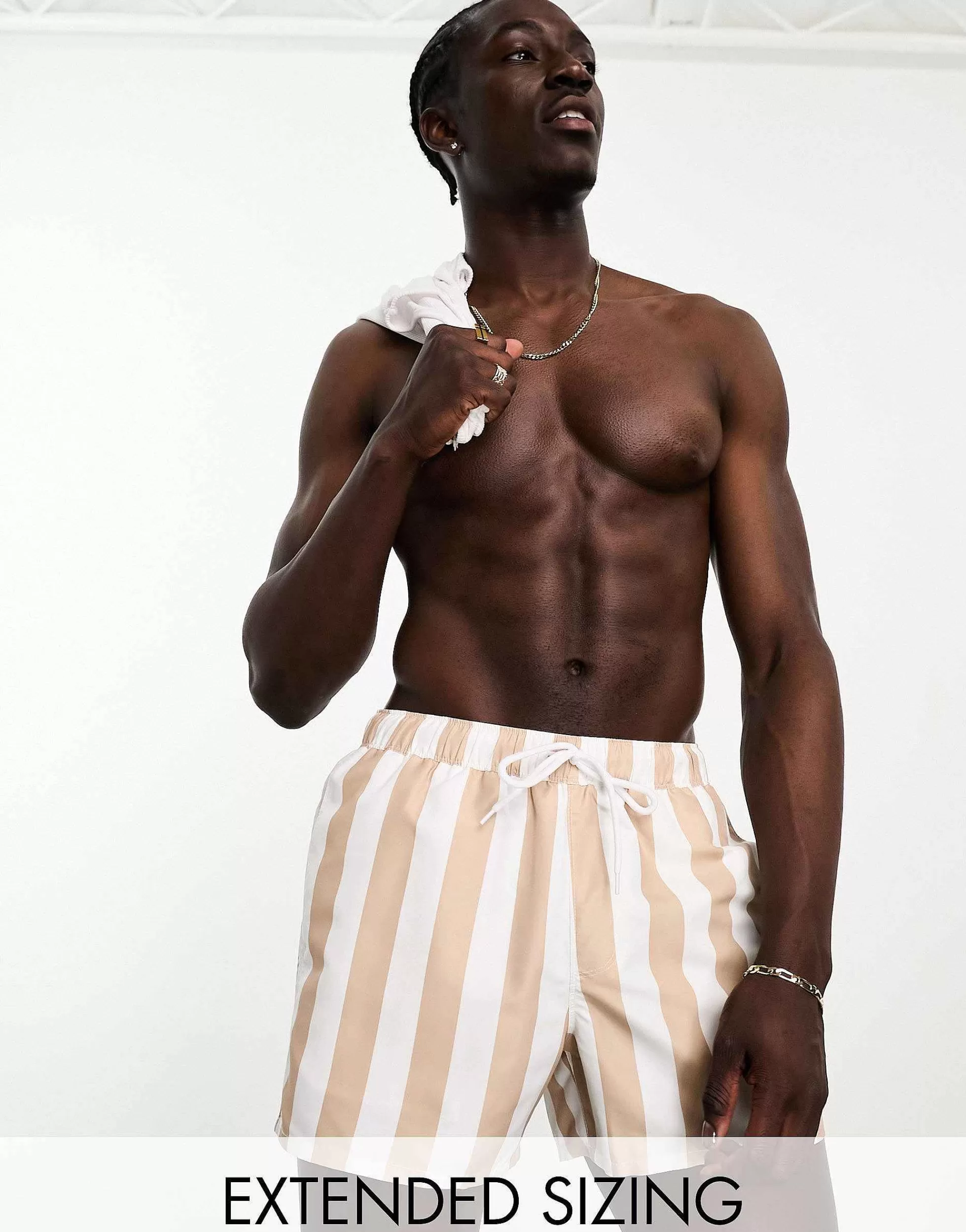 Men DESIGN Swim Shorts In Short Length In Brown Stripe