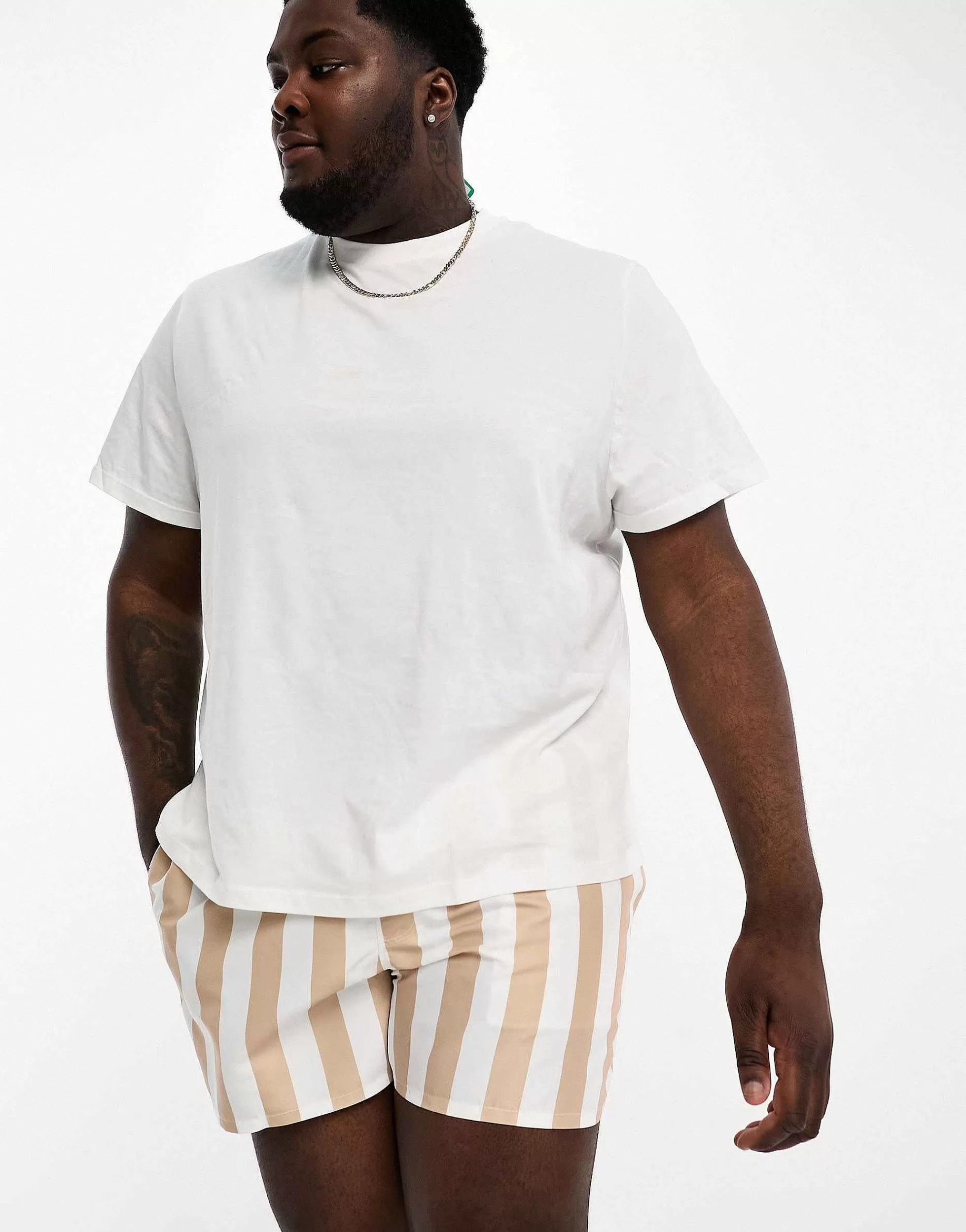 Men DESIGN Swim Shorts In Short Length In Brown Stripe