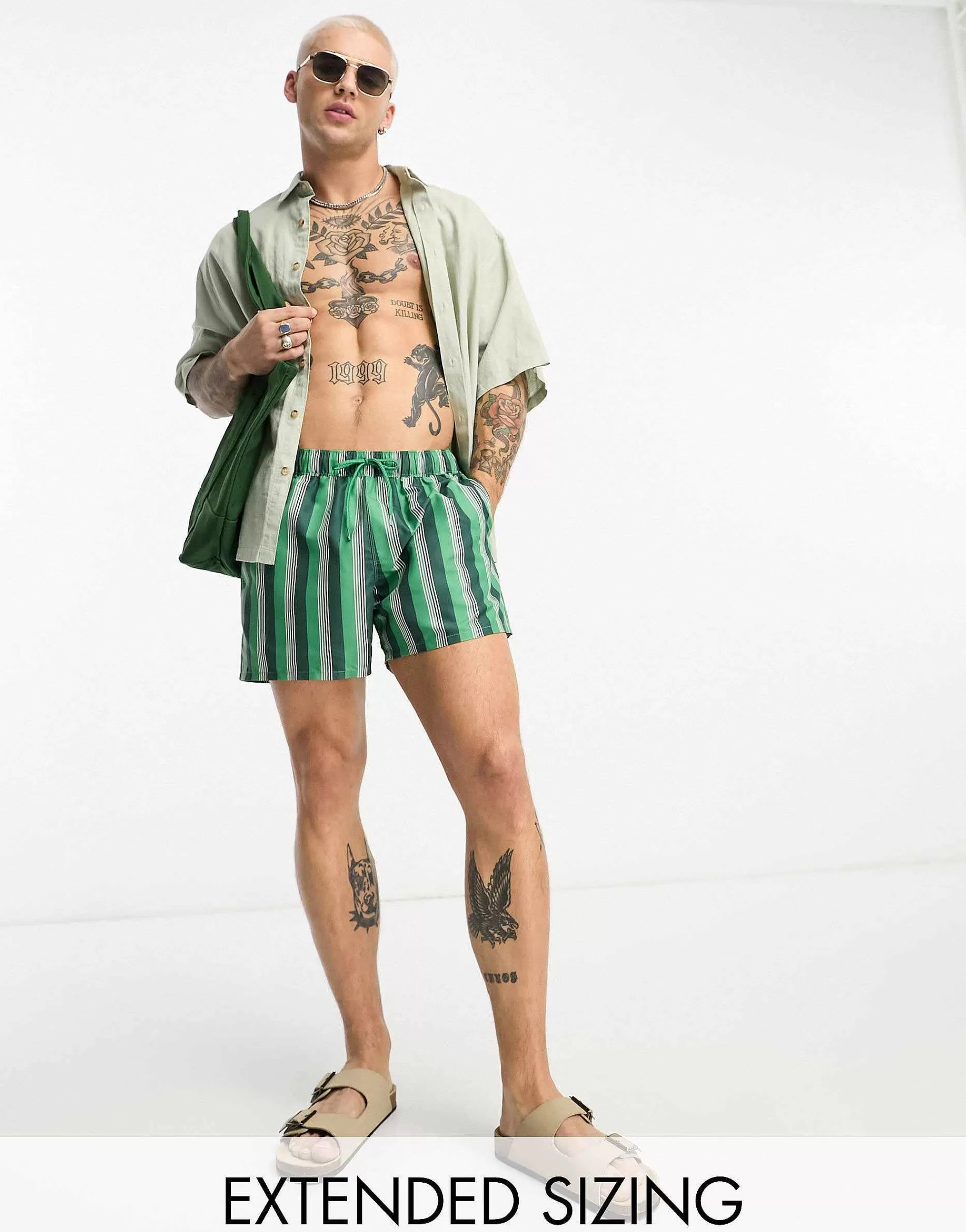 Men DESIGN Swim Shorts In Short Length In Green Stripe