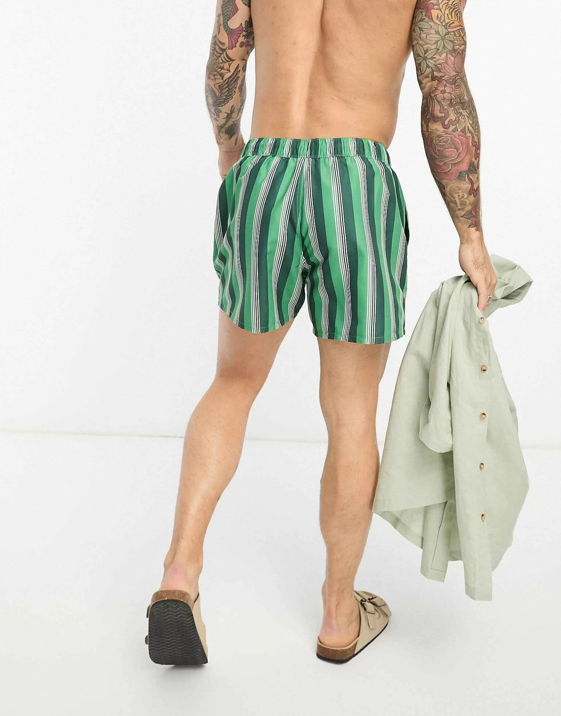 Men DESIGN Swim Shorts In Short Length In Green Stripe