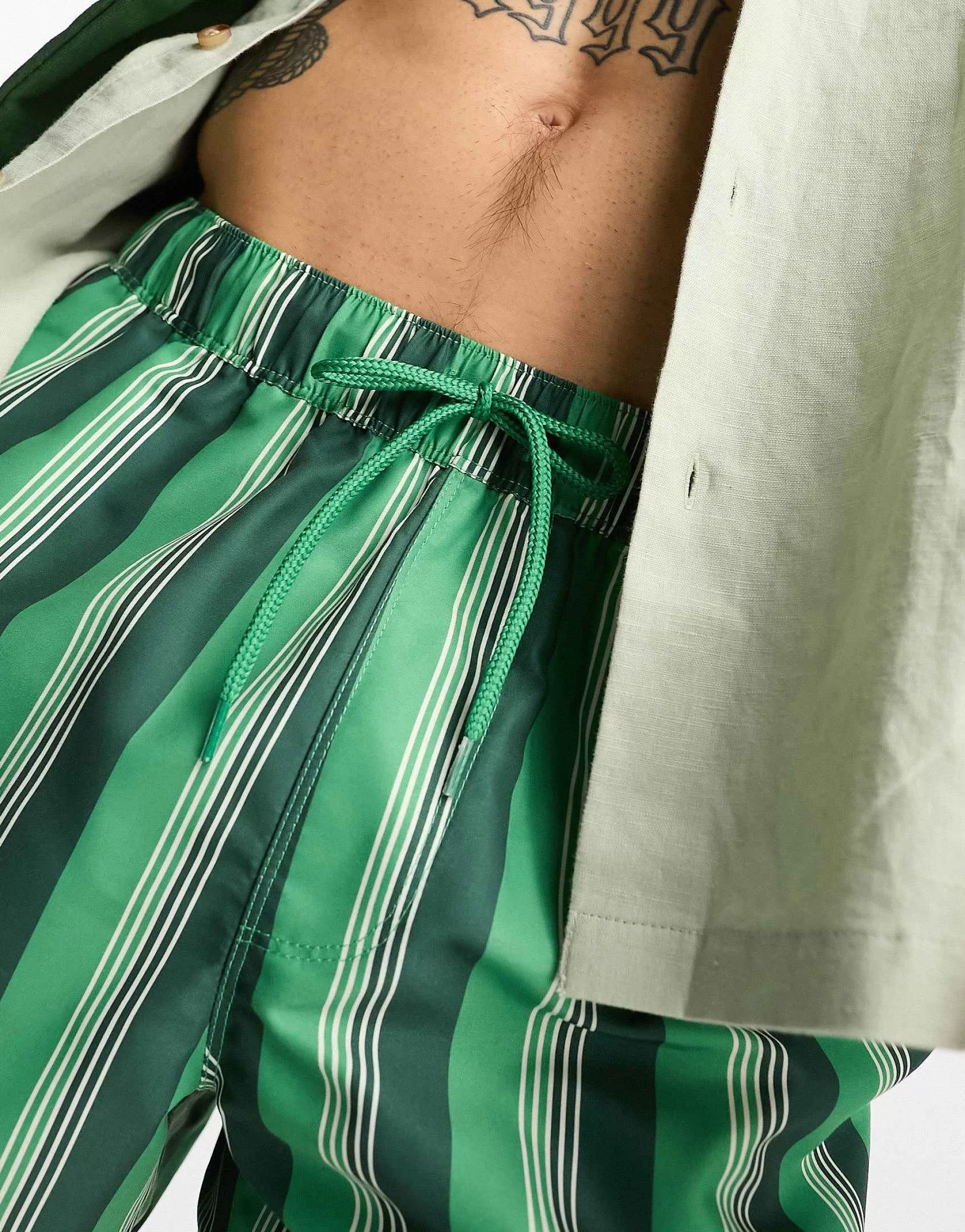 Men DESIGN Swim Shorts In Short Length In Green Stripe