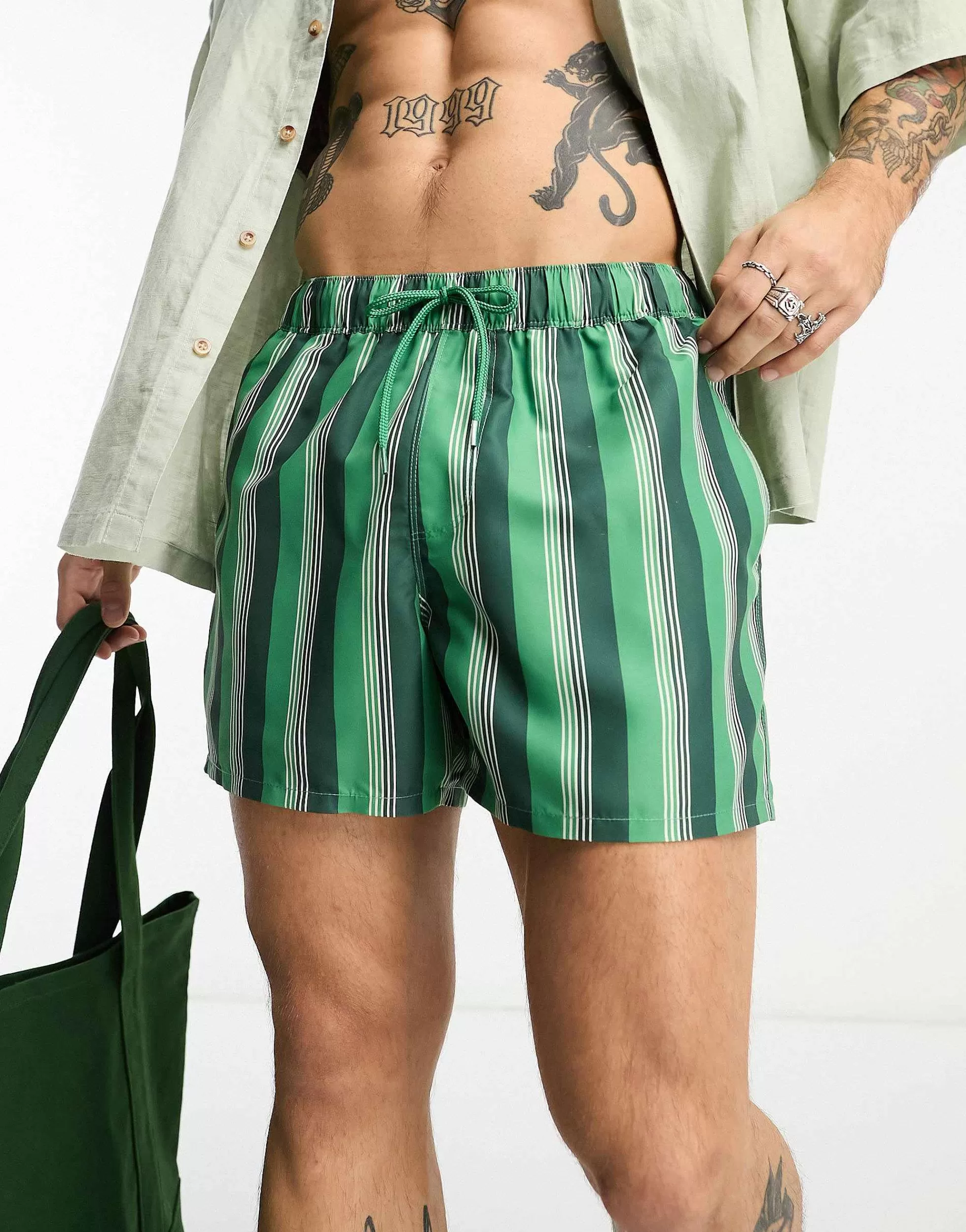 Men DESIGN Swim Shorts In Short Length In Green Stripe