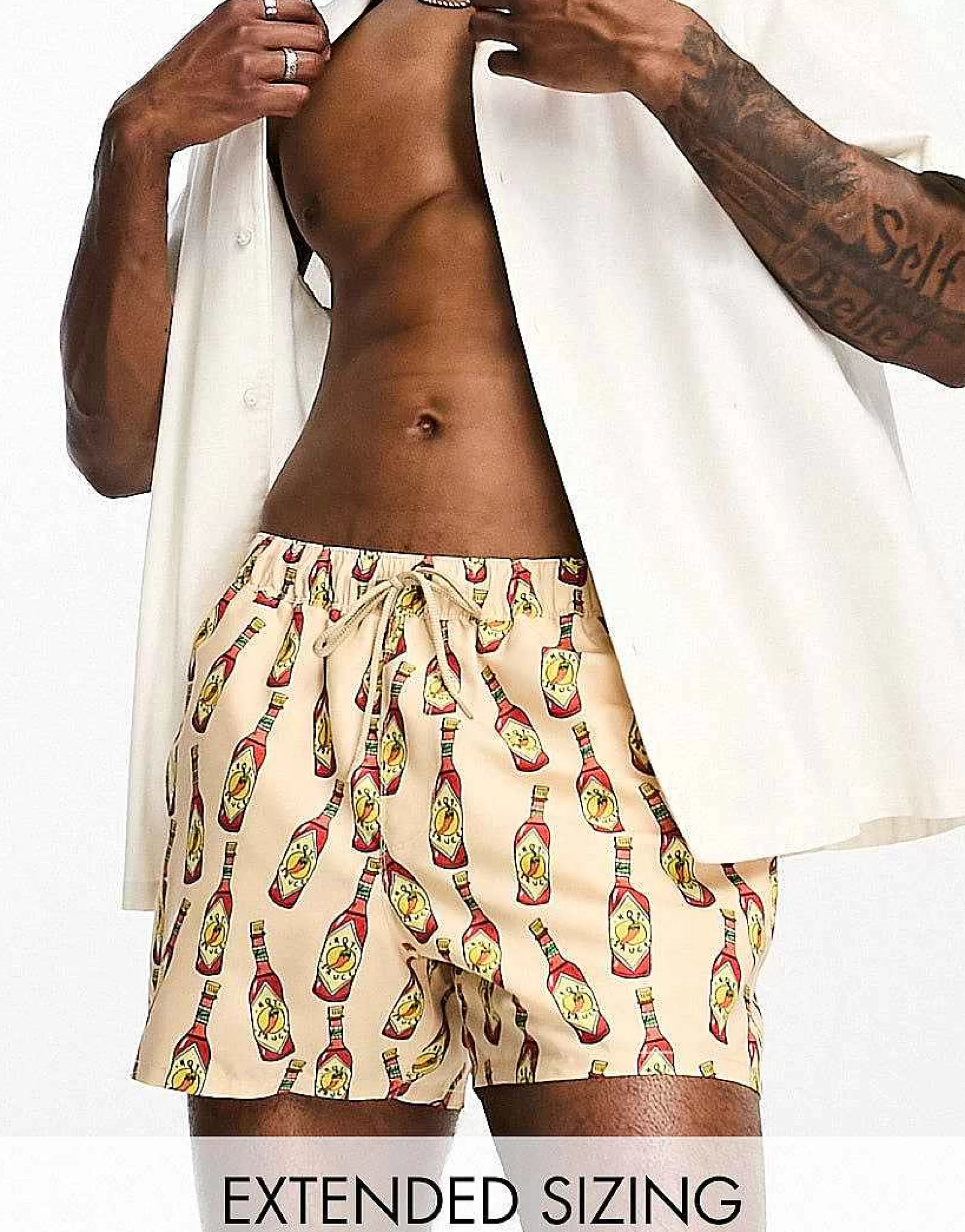 Men DESIGN Swim Shorts In Short Length In Hot Sauce Print