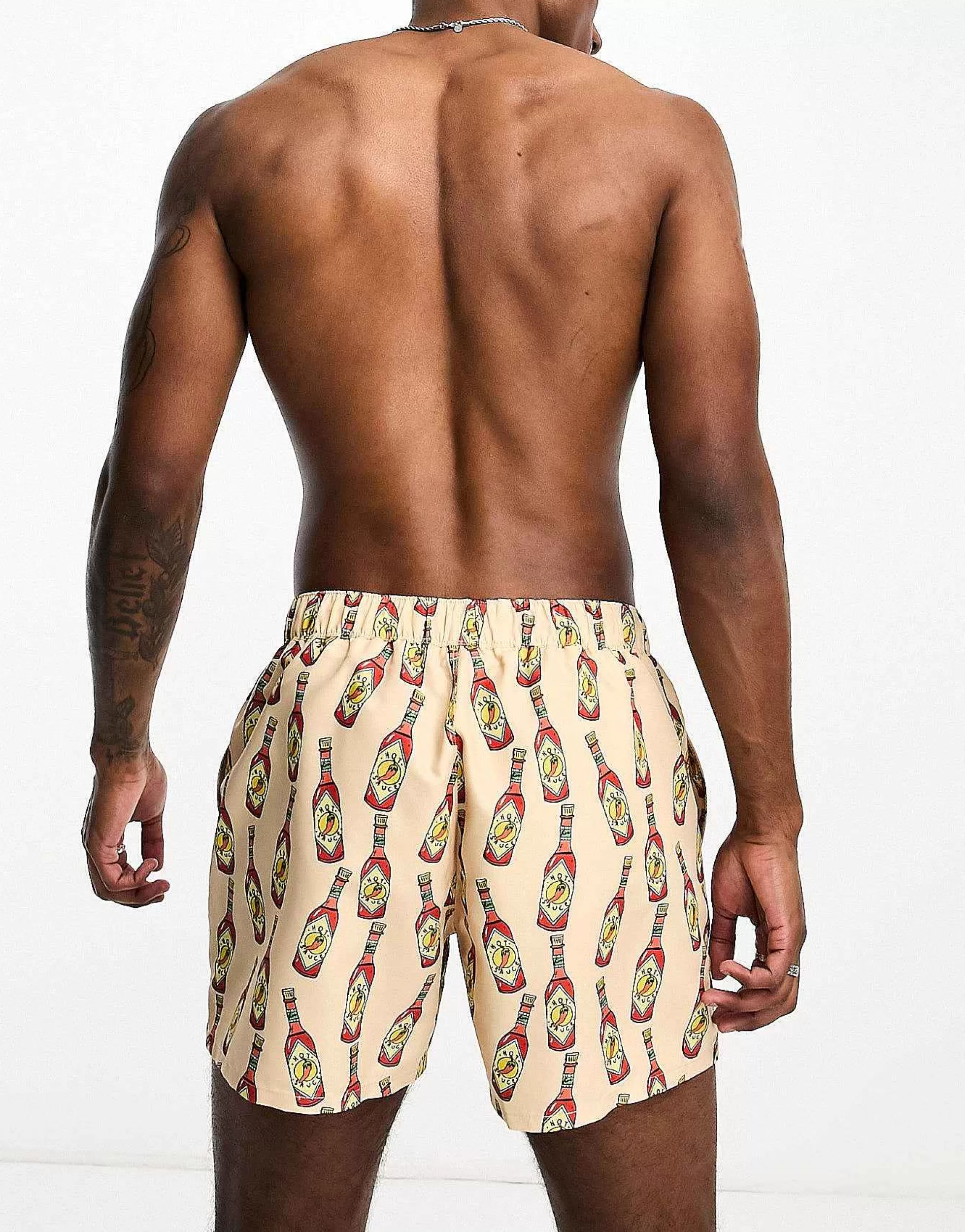 Men DESIGN Swim Shorts In Short Length In Hot Sauce Print
