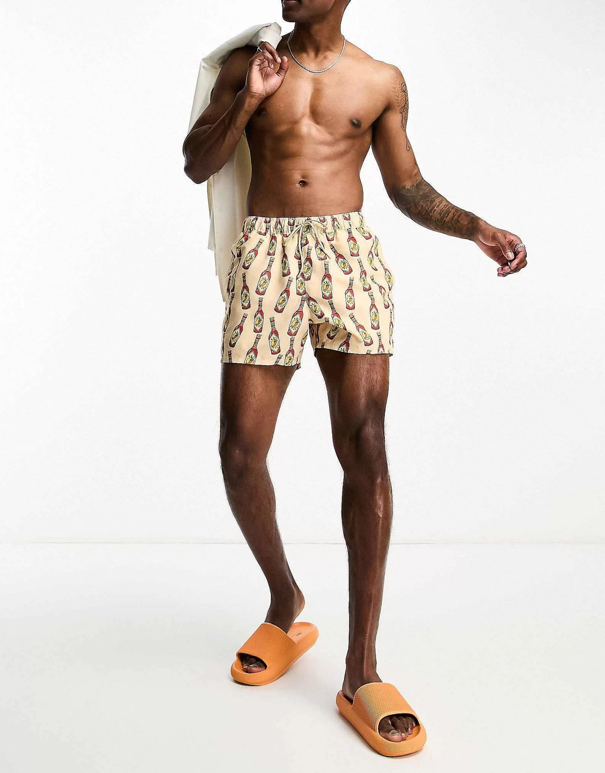 Men DESIGN Swim Shorts In Short Length In Hot Sauce Print
