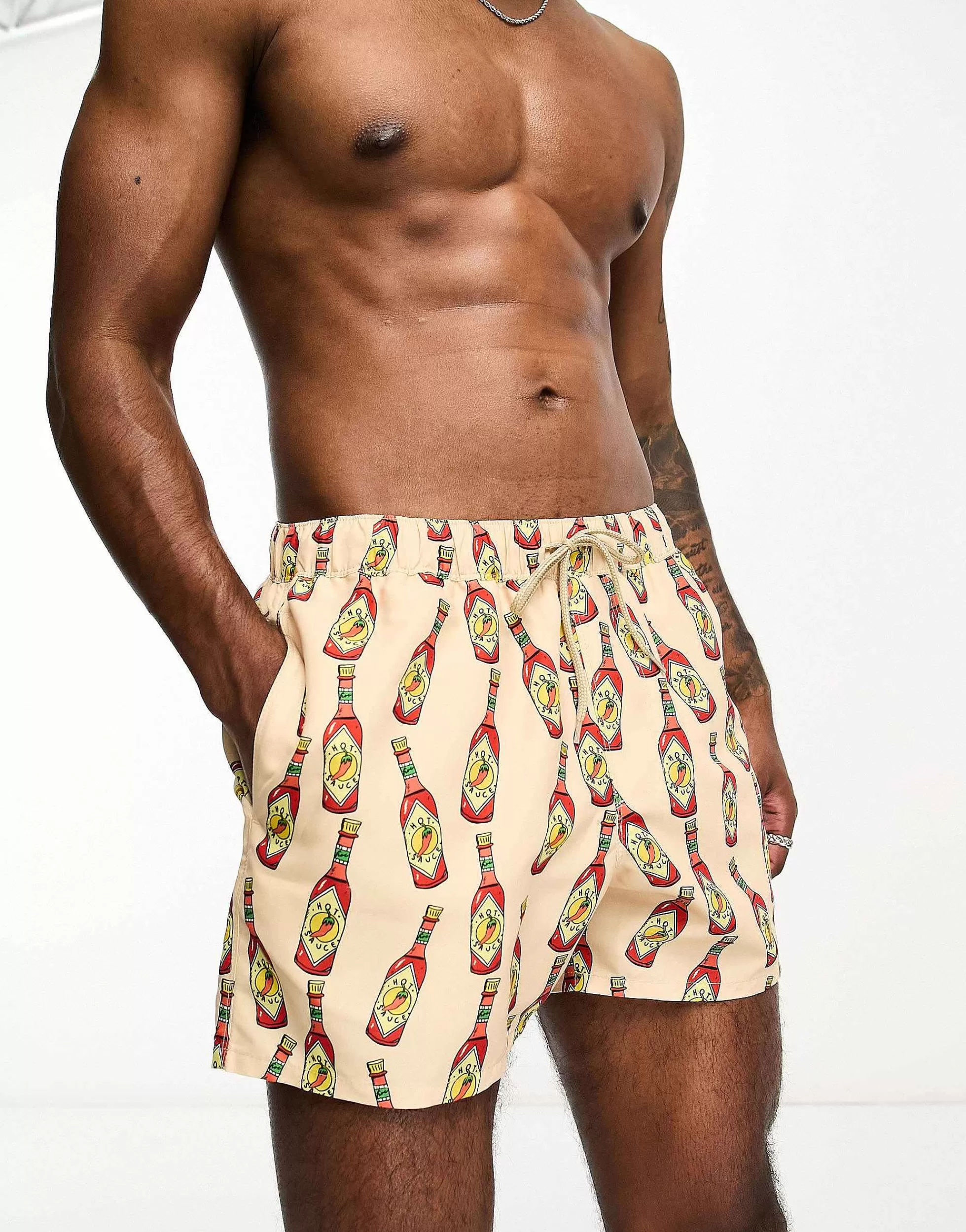 Men DESIGN Swim Shorts In Short Length In Hot Sauce Print