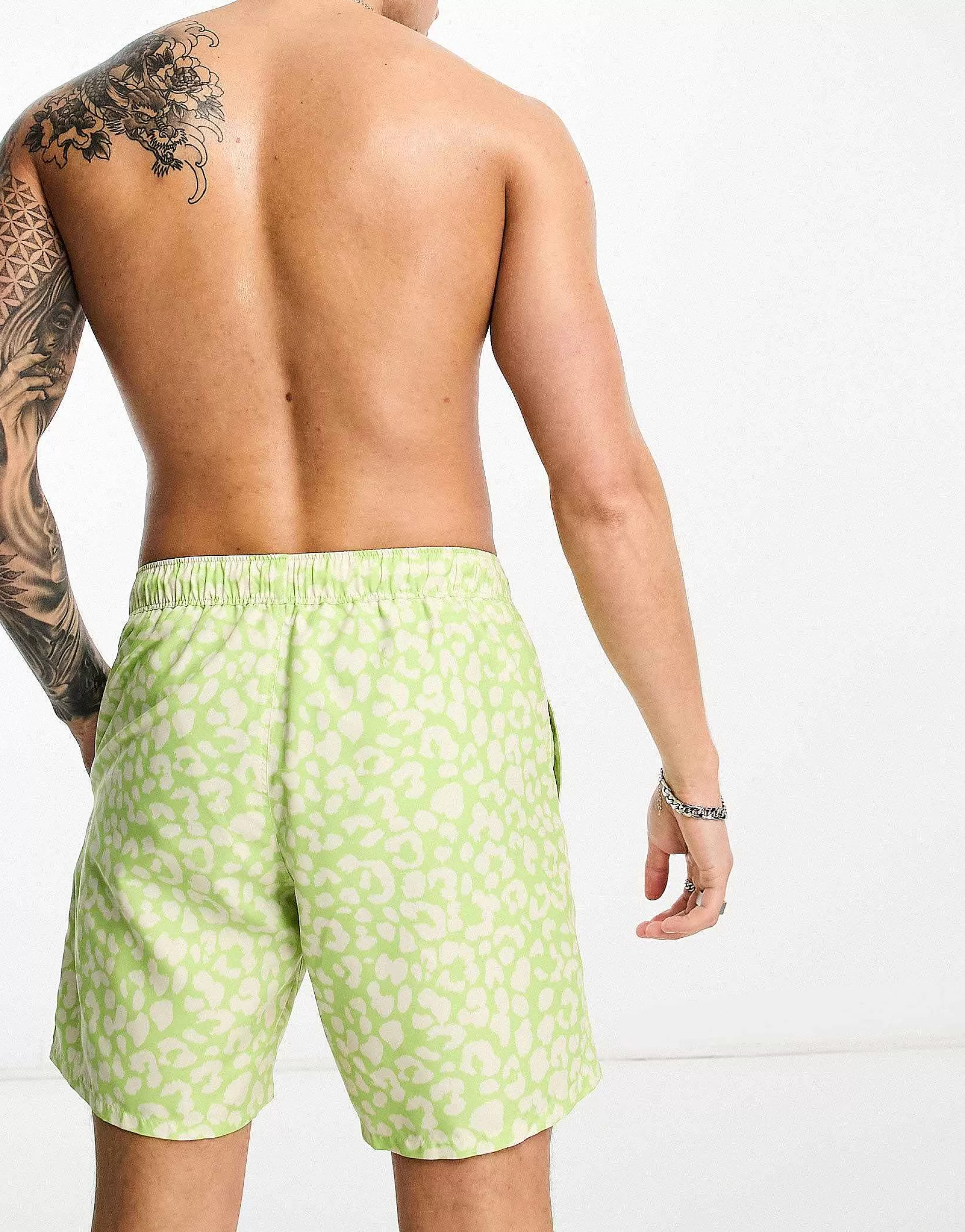 Men DESIGN Swim Shorts In Short Length In Leopard Print In Green