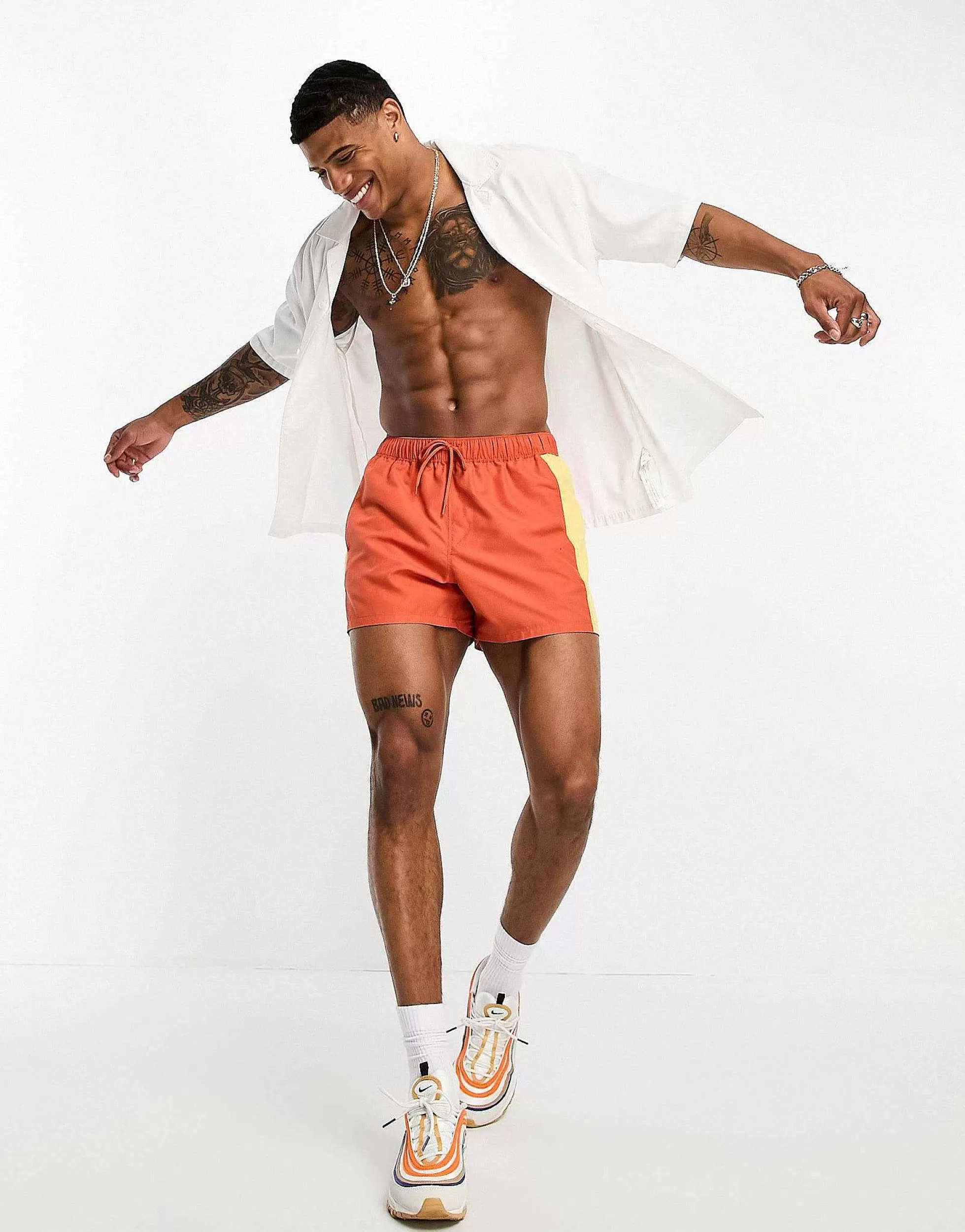 Men DESIGN Swim Shorts In Short Length In Orange