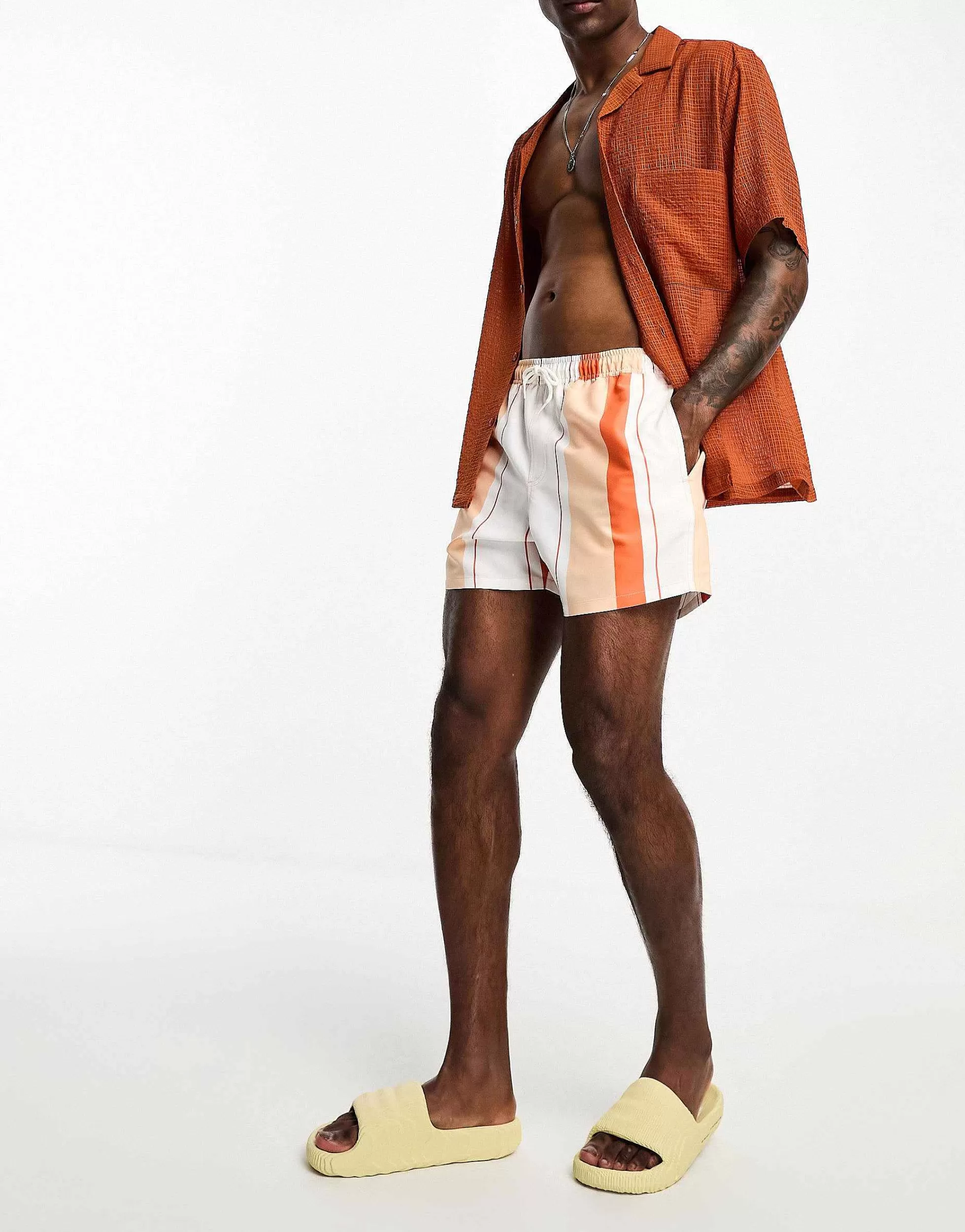 Men DESIGN Swim Shorts In Short Length In Stripe