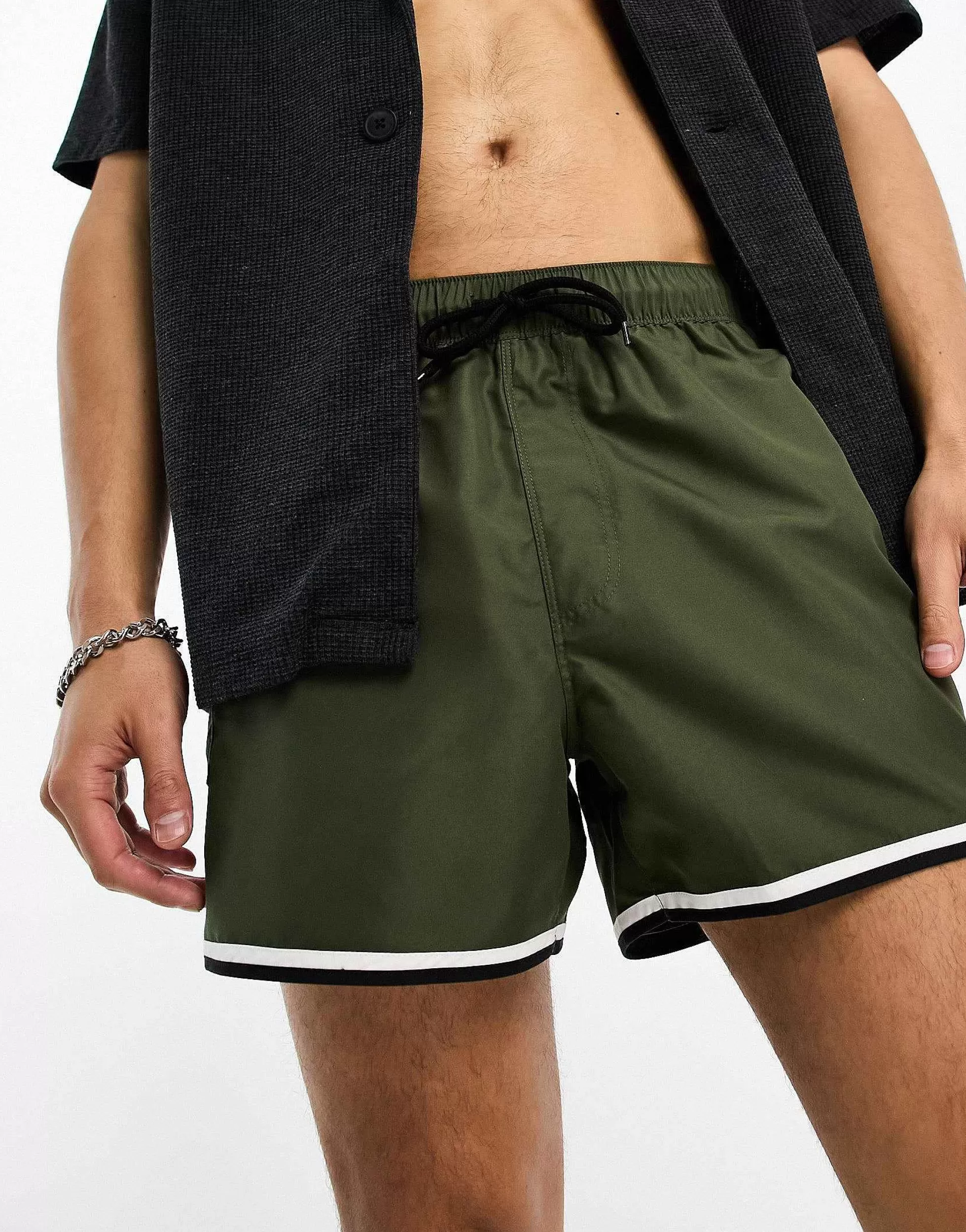 Men DESIGN Swim Shorts In Short Length With Cargo Pocket And Contrast Binding In