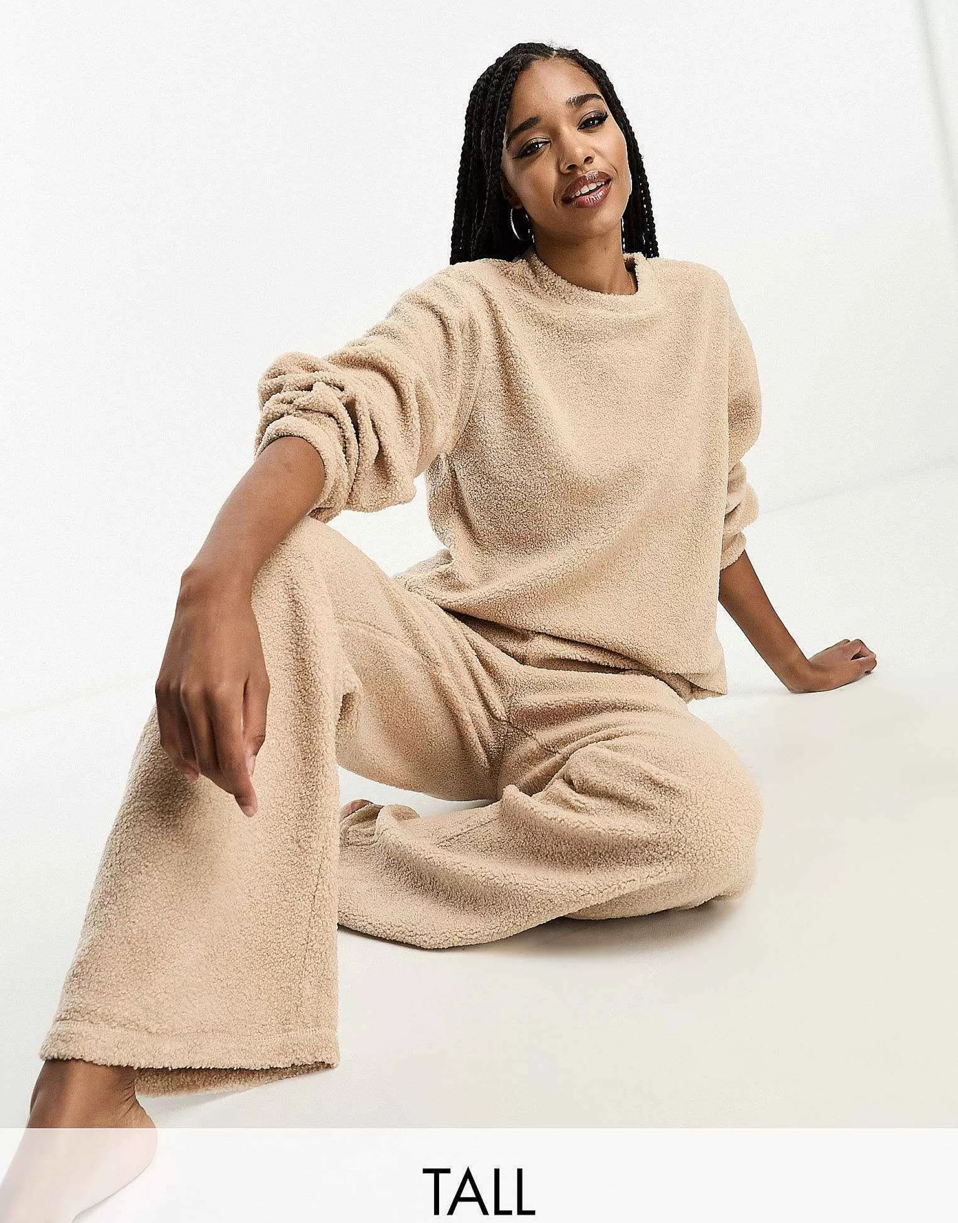 Women Tall Design Exclusive Lounge Borg Sweat & Wide Leg Trouser Set In