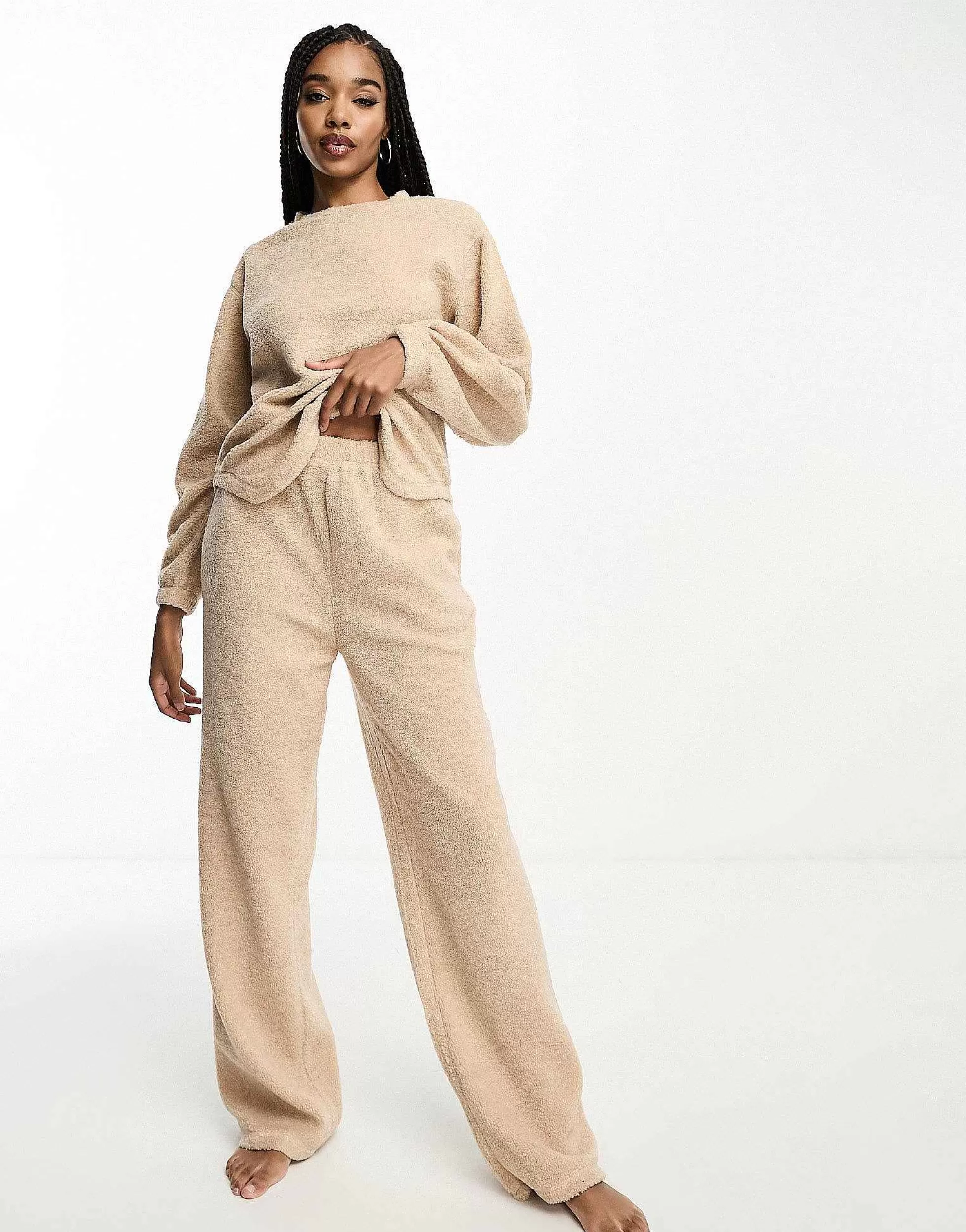 Women Tall Design Exclusive Lounge Borg Sweat & Wide Leg Trouser Set In