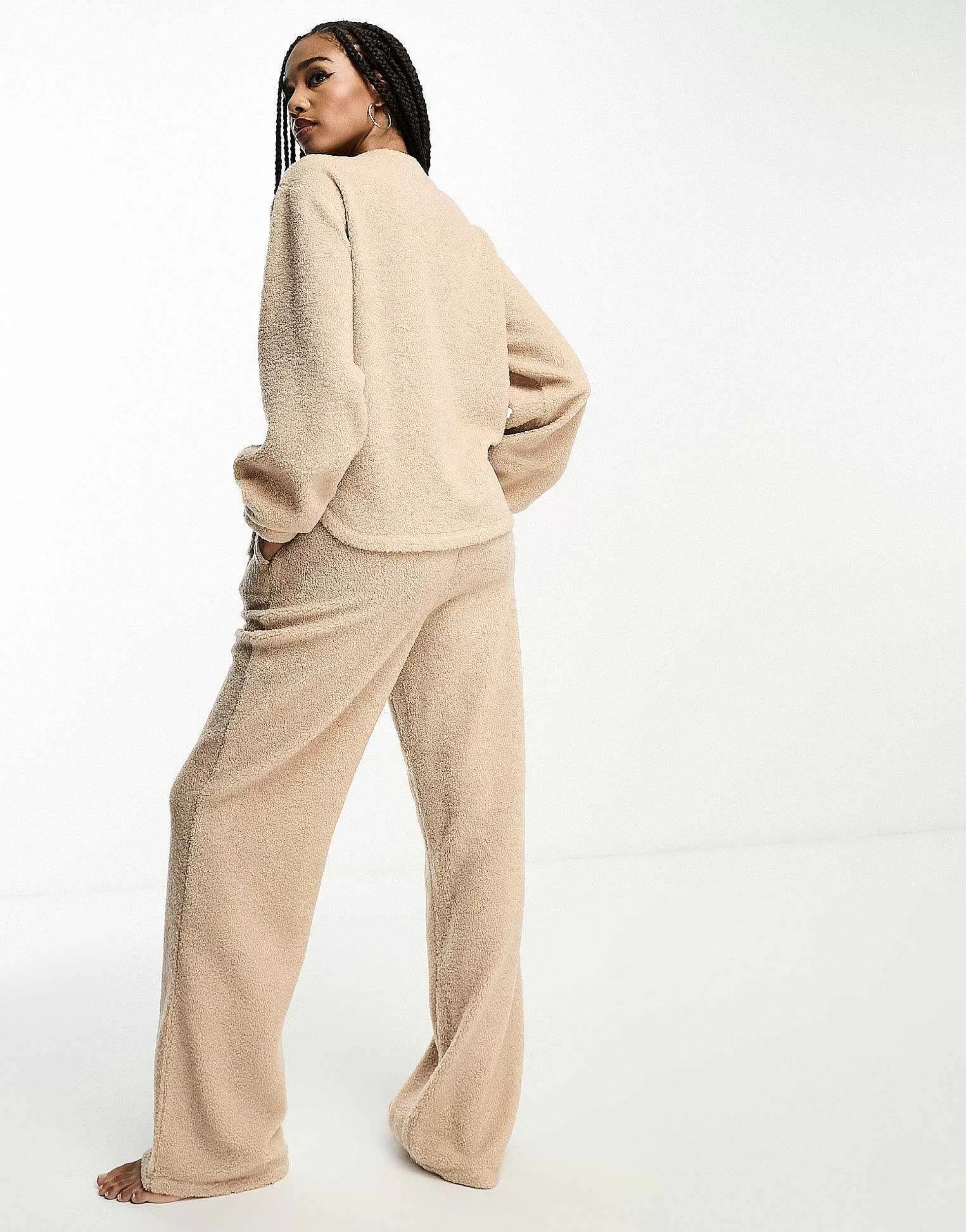 Women Tall Design Exclusive Lounge Borg Sweat & Wide Leg Trouser Set In
