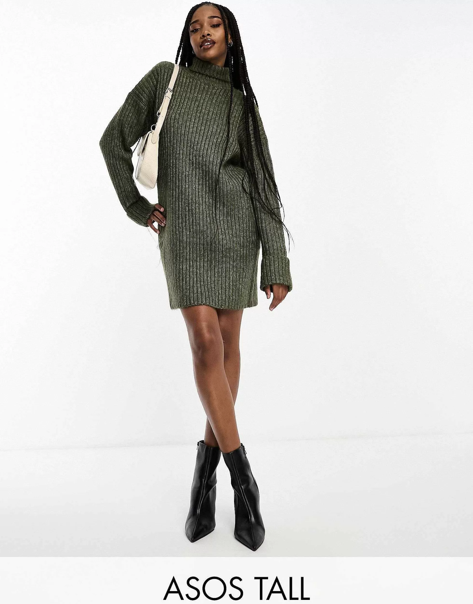 Women Tall Design Knitted Jumper Mini Dress With High Neck In