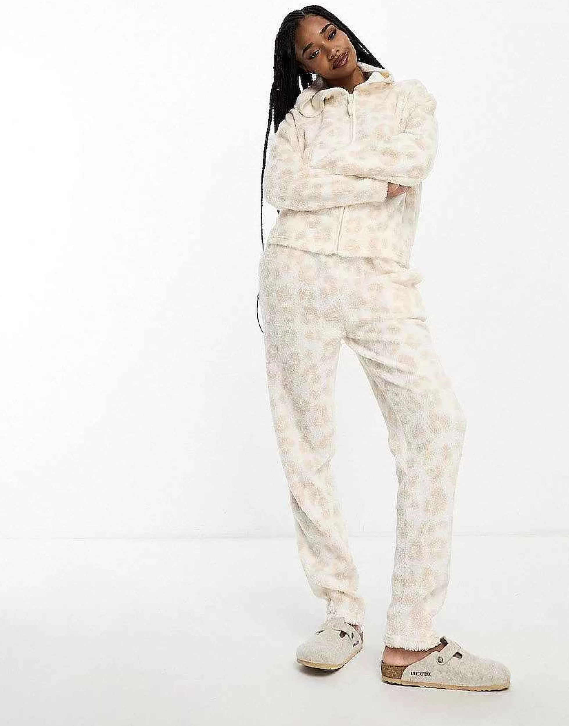 Women Tall Design Lounge Co-Ord Animal Borg Set In Cream