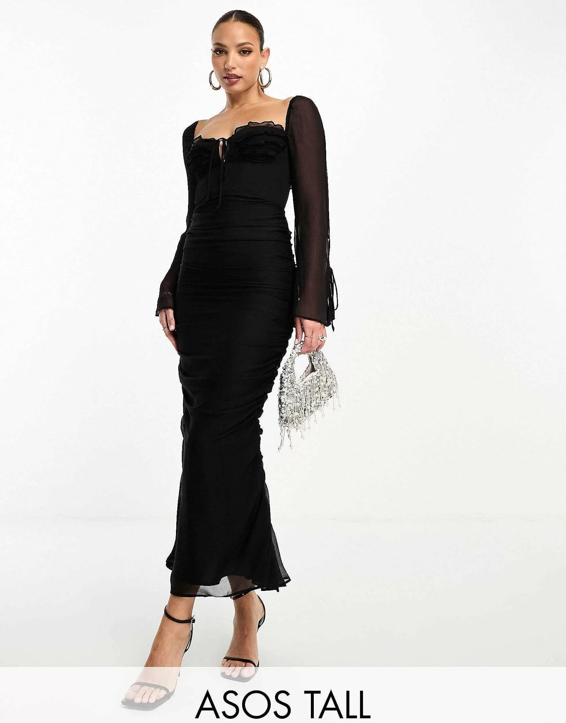 Women Tall Design Milkmaid Ruffle Corset Detail Midi Dress In