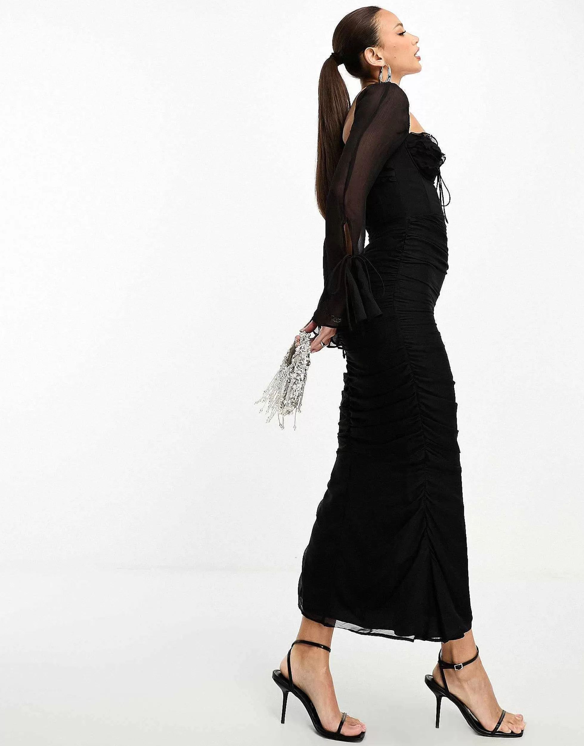 Women Tall Design Milkmaid Ruffle Corset Detail Midi Dress In
