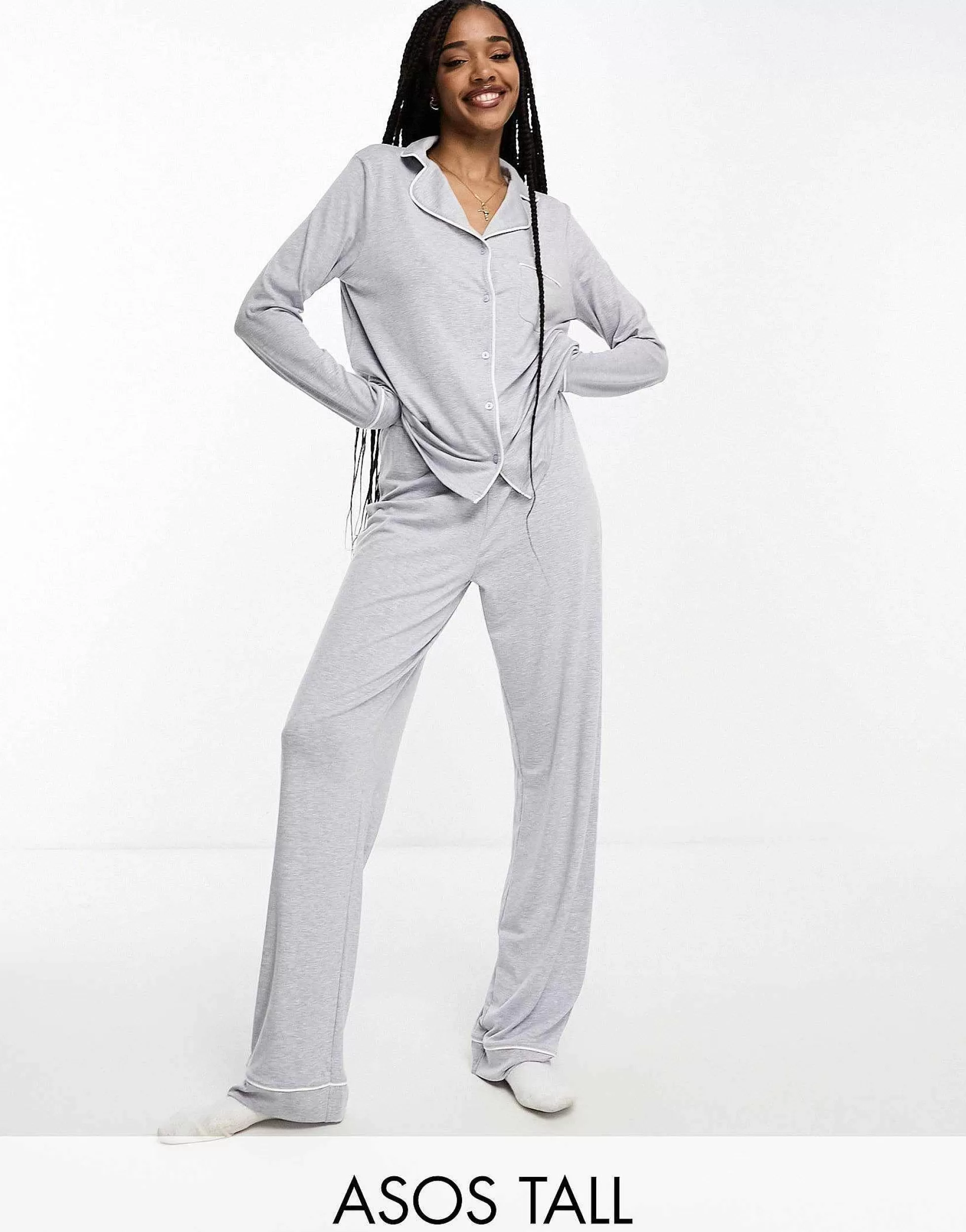 Women Tall Design Soft Jersey Long Sleeve Shirt & Trouser Pyjama Set With Contrast Piping In