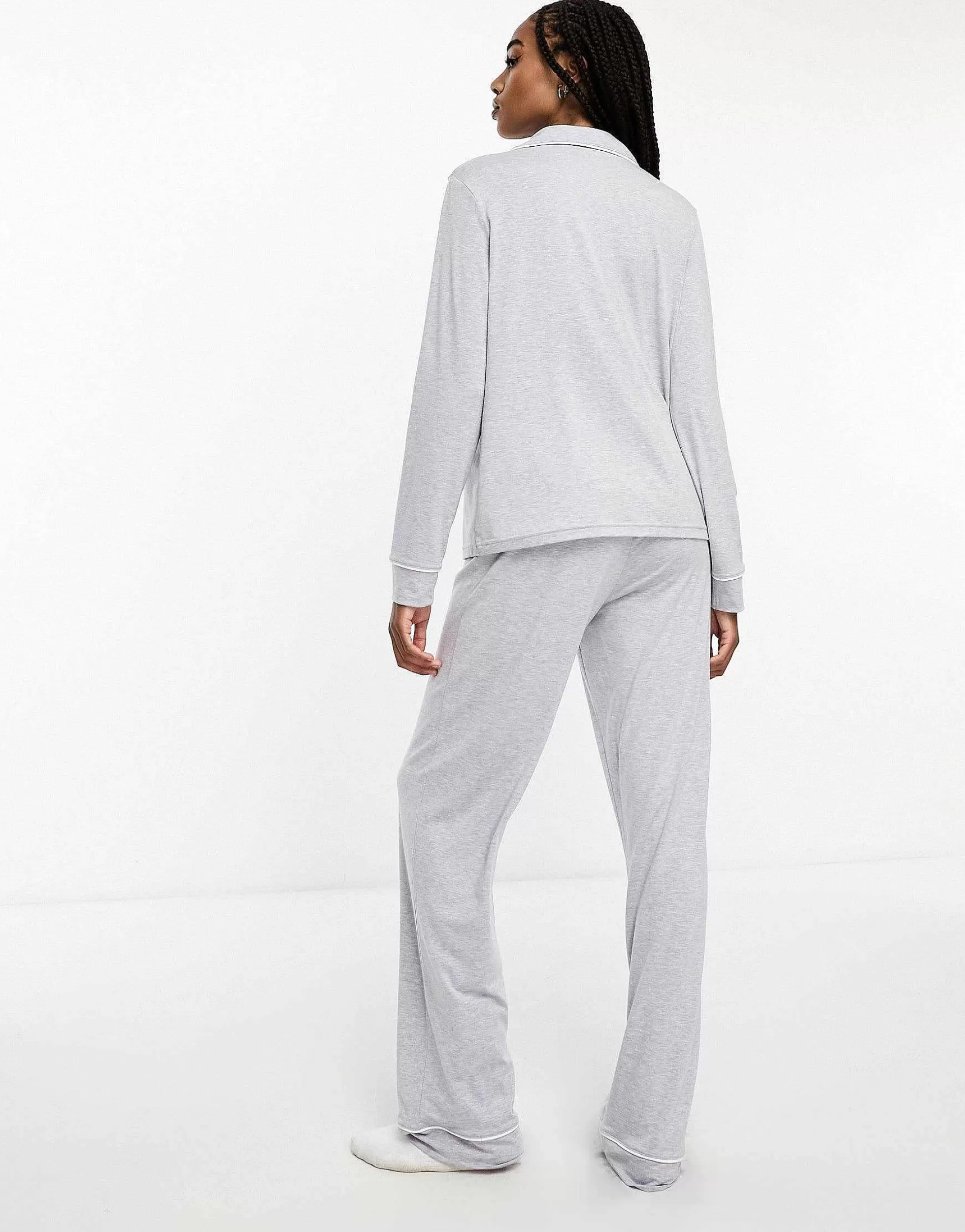 Women Tall Design Soft Jersey Long Sleeve Shirt & Trouser Pyjama Set With Contrast Piping In