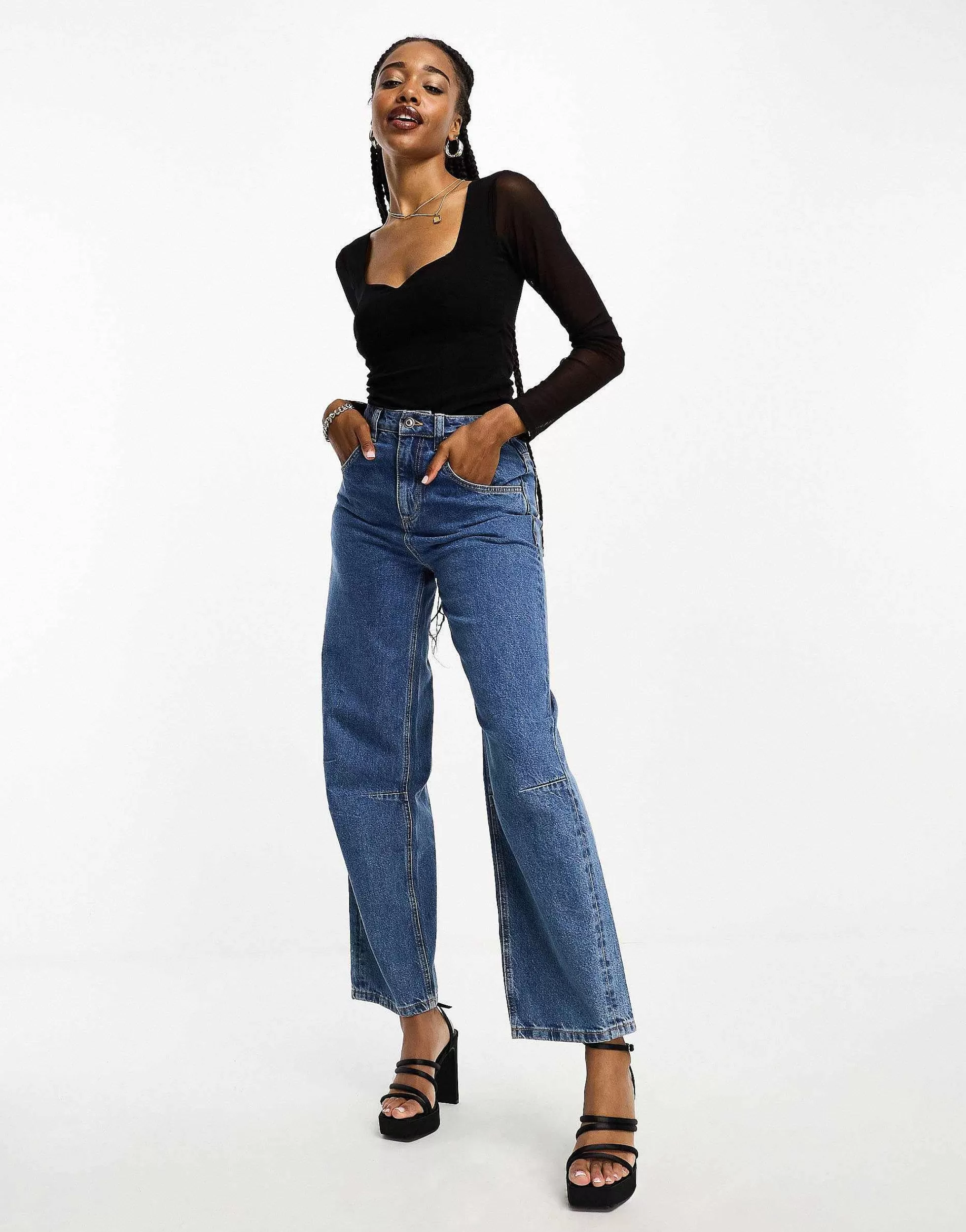 Women Tall Design Sweetheart Neckline Bodysuit With Mesh Sleeve In