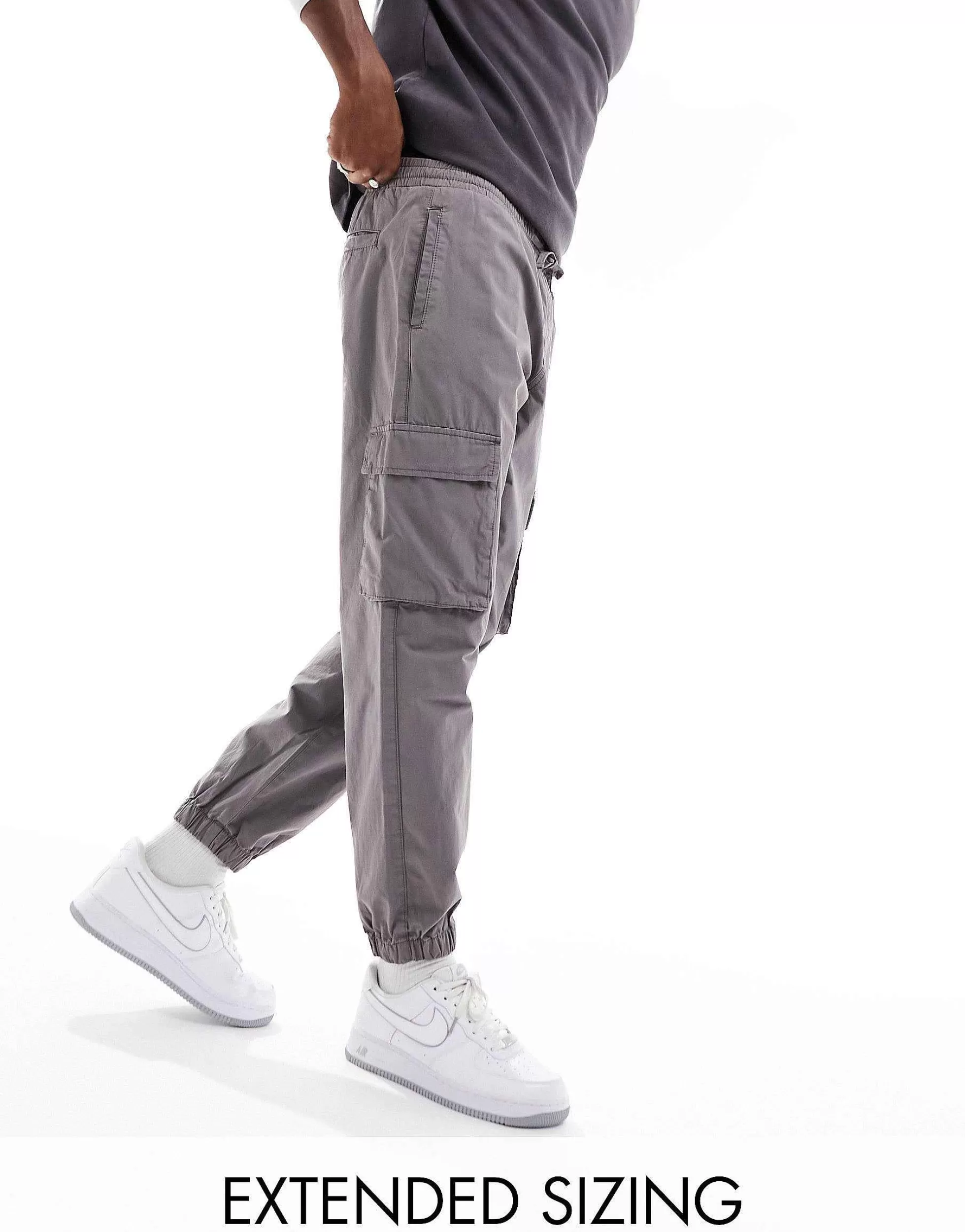 Men DESIGN Tapered Pull On Cargo Trouser In Washed With Elasticated Waist