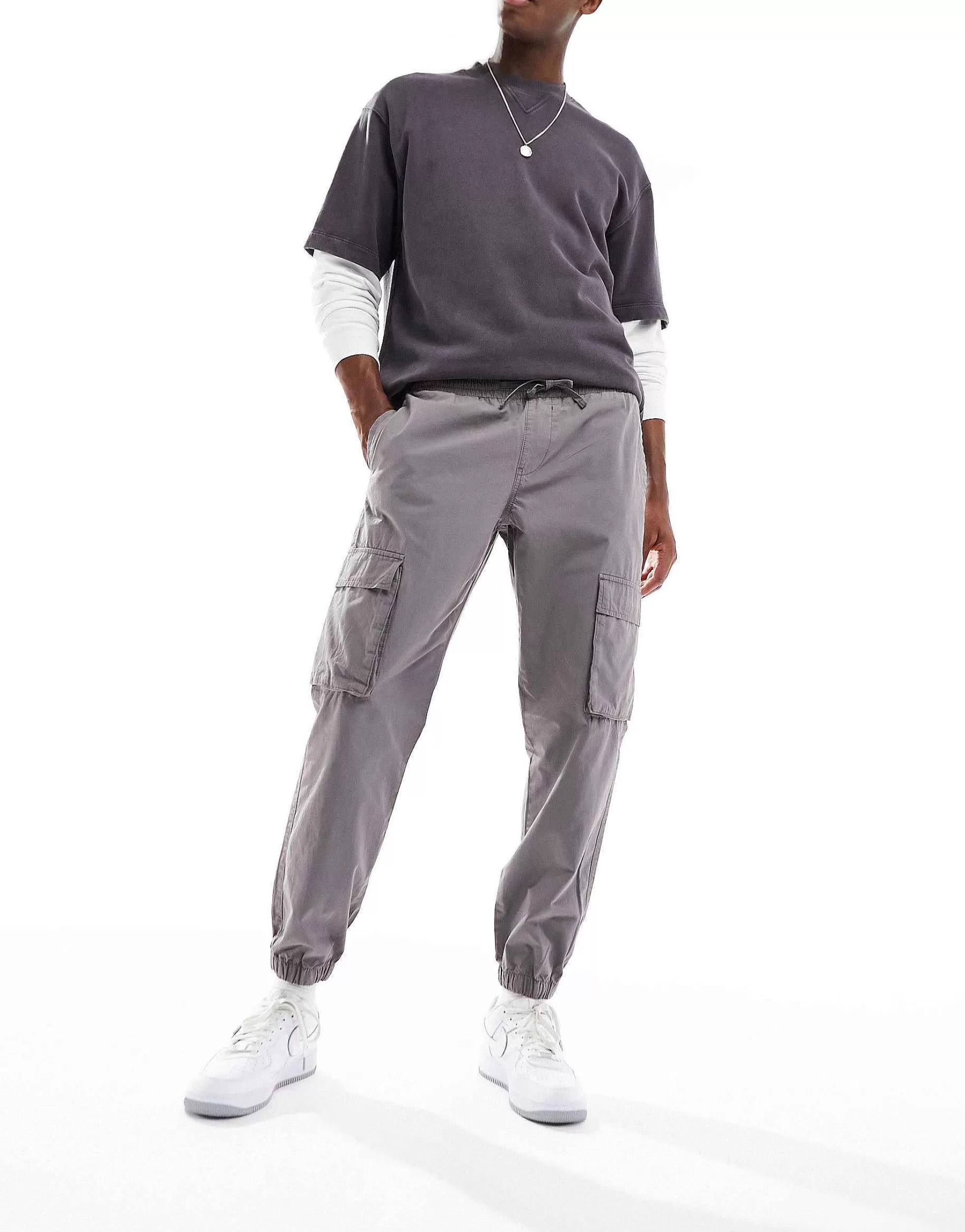 Men DESIGN Tapered Pull On Cargo Trouser In Washed With Elasticated Waist
