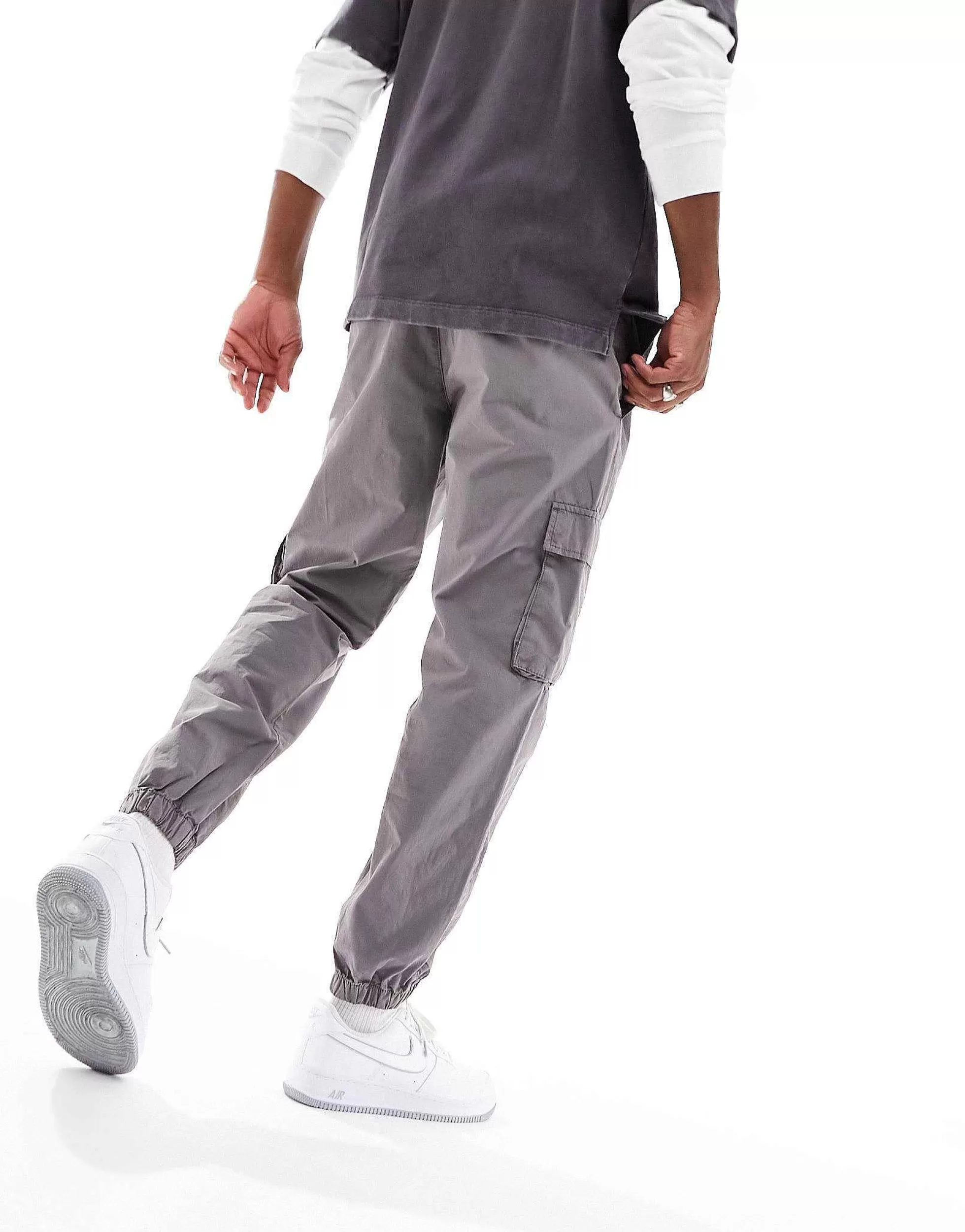 Men DESIGN Tapered Pull On Cargo Trouser In Washed With Elasticated Waist